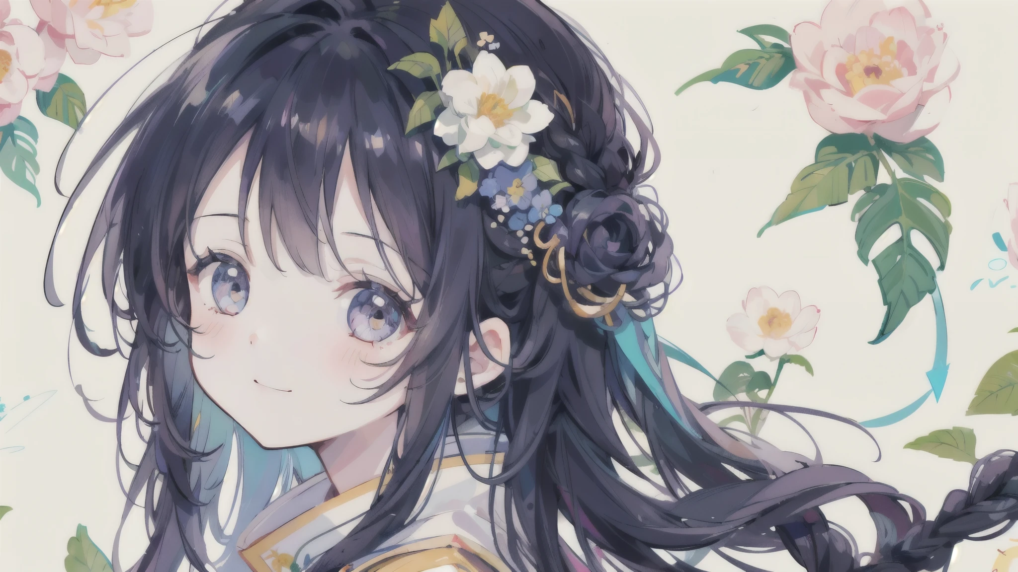 Background overflowing with many flowers、Close up portrait of smiling woman looking back。There are also many flowers in the hair of the braid。Cute illustrations full of happiness、Floral background、Extremely high quality、high-level image quality、Extremely delicate drawing。Rarely seen workmanship