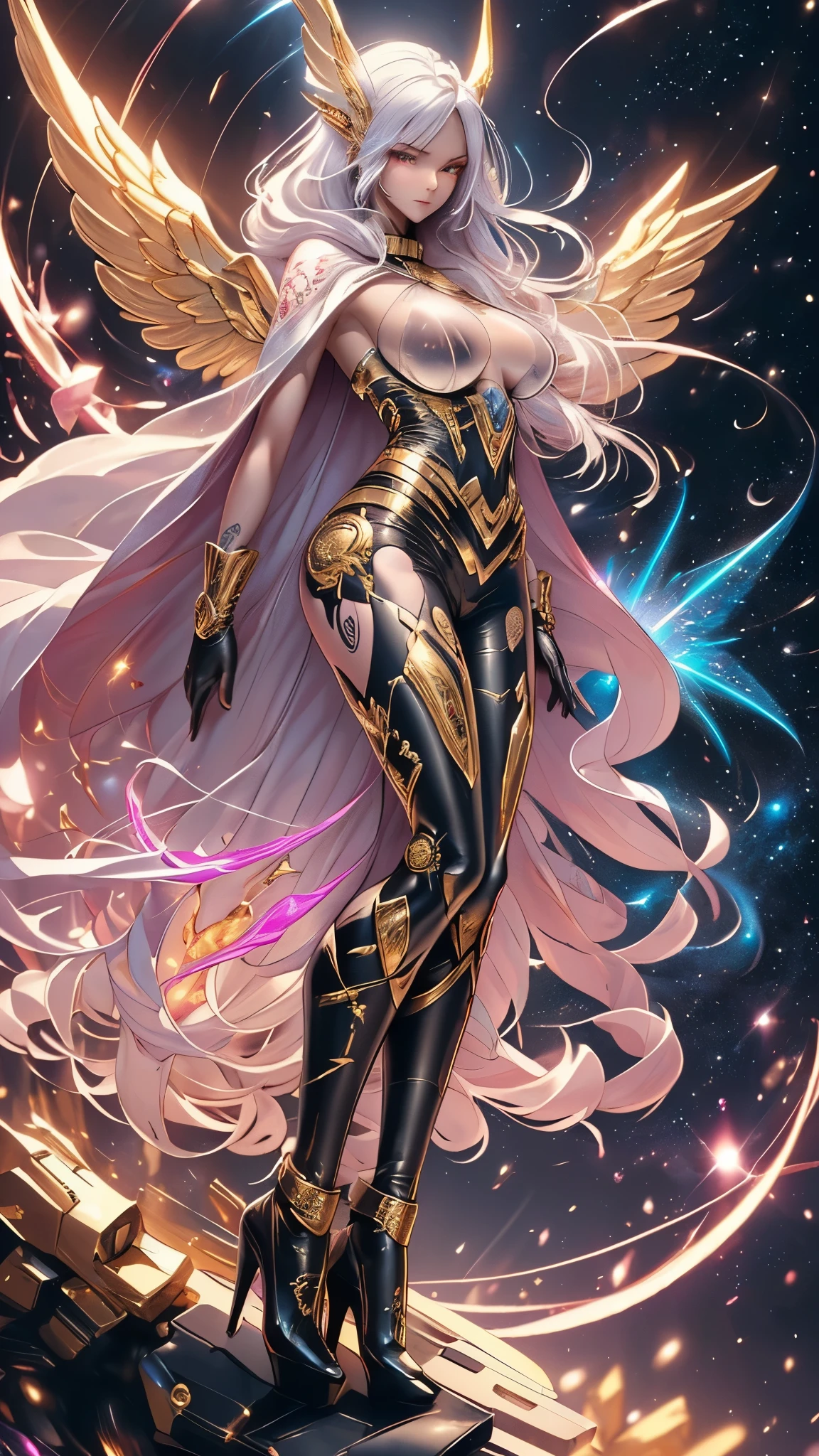 ((ultra high quality)), (((hyper detailed))), long wavy hair, (glowing white hair), gold highlights, (((anatomically correct))), sexy black and gold mage outfit, 1 girl, (((airborne))), looking down, mage, (((magical aura))), big breasts, medium thighs, (closed high heels), (((arms spread, arms lifted, magic coming from hands))), ((serious face)), dark, evil villain, night, (((celestial being))), long cape, (((full body tattoos))), (((high quality anatomically correct hands))), ((((partially see-through body))))