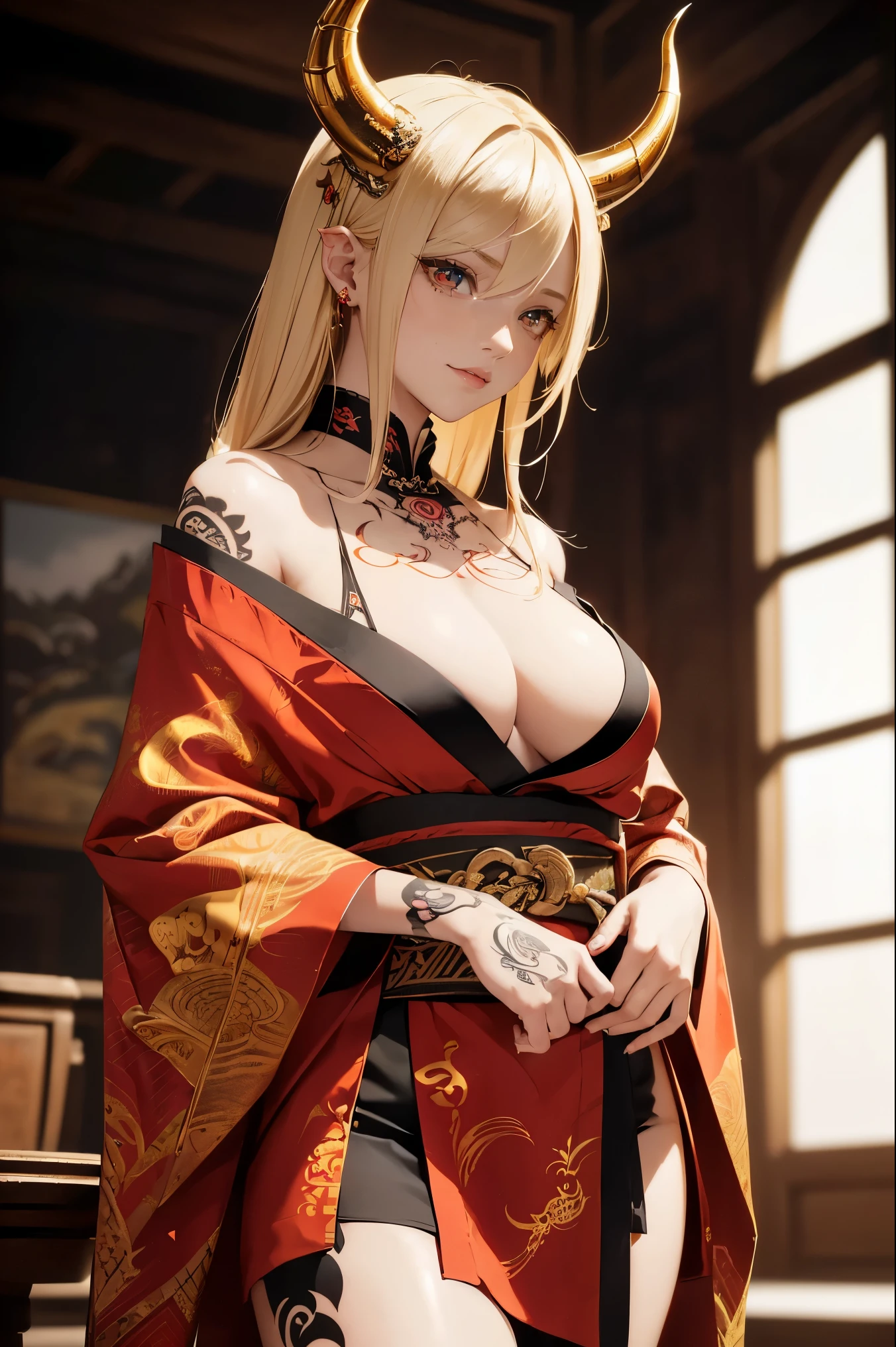 Masterpiece, top quality, dragon, one girl \(\) golden blonde hair and red eyes,((eastern dragon glaring at the girl)),dark gray background, masterpiece, best quality, high quality,(red eyes with dark red glow), (in profile), (in profile), (darkness:1.2), abstraction, deep sea, award-winning photography, depth of field, hdr, very detailed, trending in art station, Trending in CGsociety, Complex, High Detail,(Masterpiece:1.2, Best Quality)(Best Lighting, Very Delicate and Beautiful)(Best Lighting, Very Delicate and Beautiful)(Beautiful Detailed Face)(Detailed Face with Detailed Eyes:1.2), (Young Girl, huge Beast, 1girl, Solo, Crazy Smile, Pale Skin,G Cup,Cleavage,19 Piercings,(( tattoos all over body, tribal tattoos all over legs)) blonde golden hair, glowing red eyes, dynamic angle, vampires), pointy_ears, dragon horns, dragon wings(depth of field),high contrast,cowboy shot,full body, ((chinese kimono)),punk costumes,