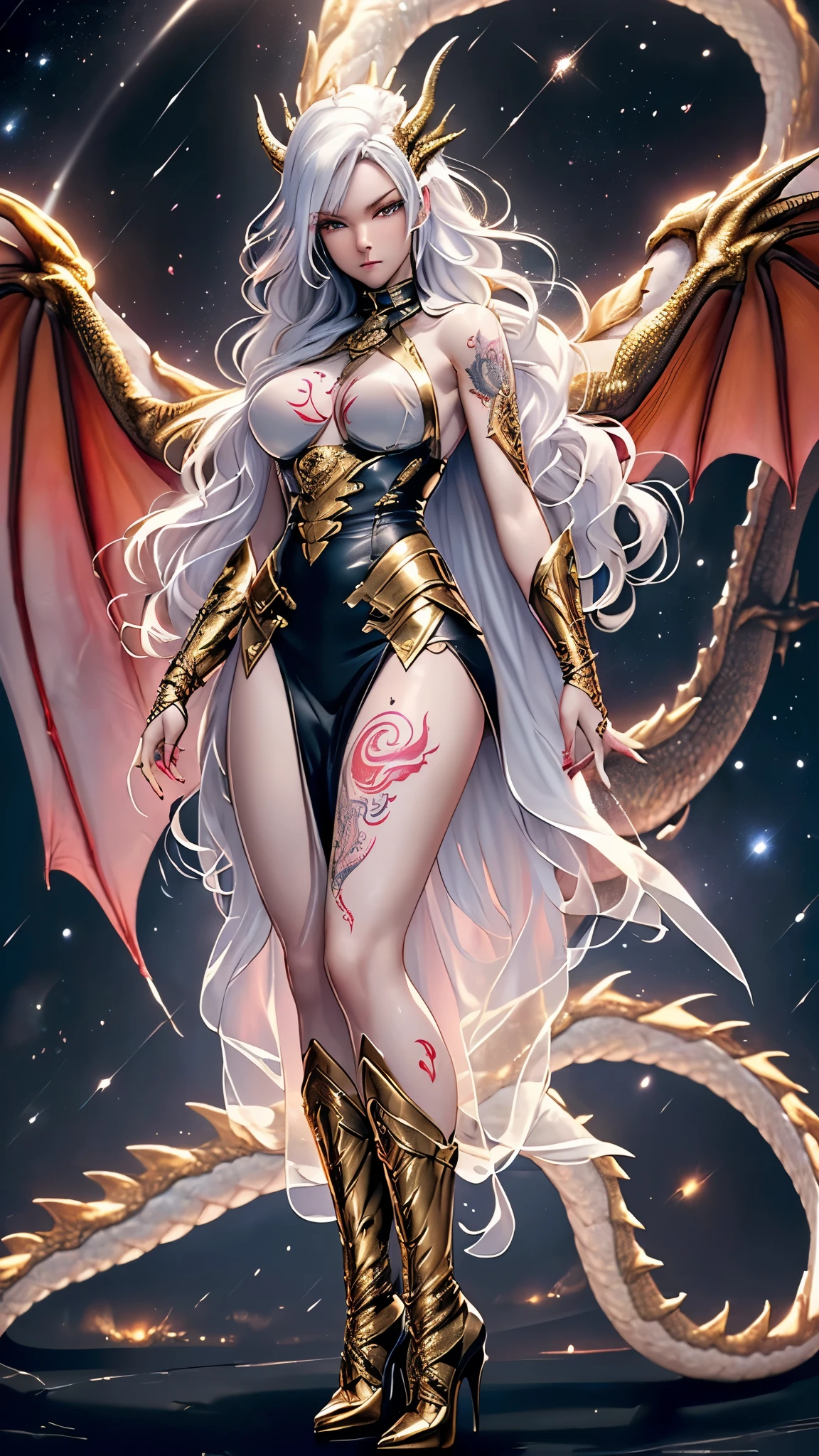 ((ultra high quality)), (((hyper detailed))), long wavy hair, ((glowing white hair)), gold highlights, (((anatomically correct))), sexy black and gold mage outfit, 1 girl, (((airborne))), looking down, mage, (((magical aura))), big breasts, medium thighs, (closed high heels), (((arms spread, arms lifted, magic coming from hands))), ((serious face)), dark, evil villain, night, (((celestial being))), long cape, (((full body tattoos, tattoos of dragons))), (((high quality anatomically correct hands))), ((((partially see-through body)))), standing on dragon