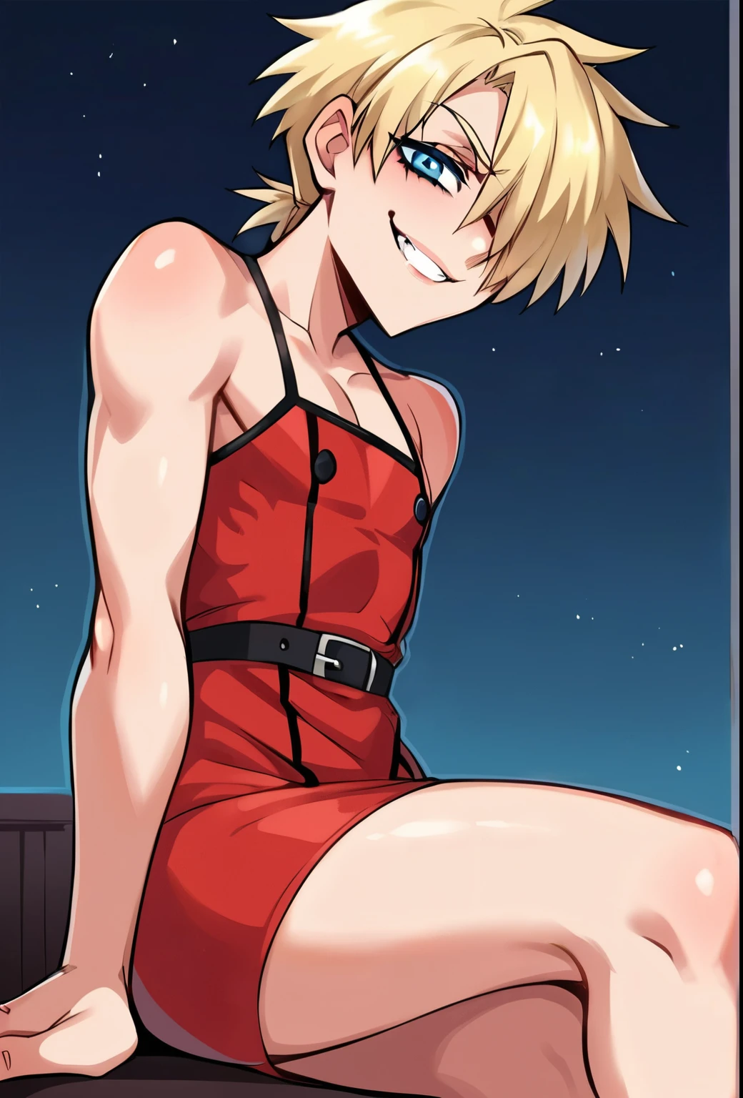 score_9, score_8_up, source_anime, solo, seras victoria, hellsing, smug sinister expression, Sinister, evil, looking at viewer, arms behind back, blonde hair, hair over one eye, blue eyes, Chines edress, red gown,, sexy, flat chest, femboy, male, 1boy, genderbend, BBC, blacked underwear, blacked, sexy, humongous breasts, BLM, posing with bbc