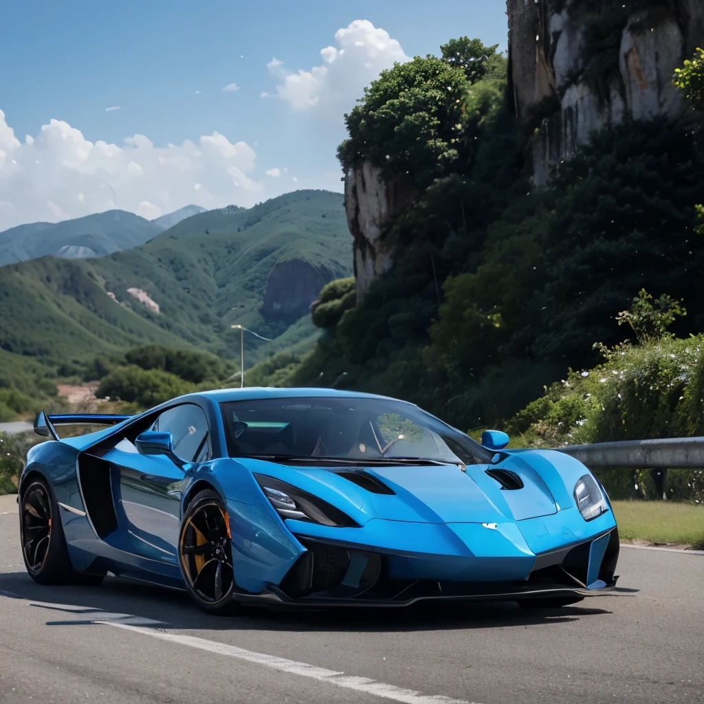 In a blazing summer scene, a supercar with active aerodynamics dominates the winding roads, its sleek form highlighted in ultra 16K resolution. Captured from a low angle with a wide lens, the side profile shines in a striking ultra blue color, adding to its allure and magnetism.