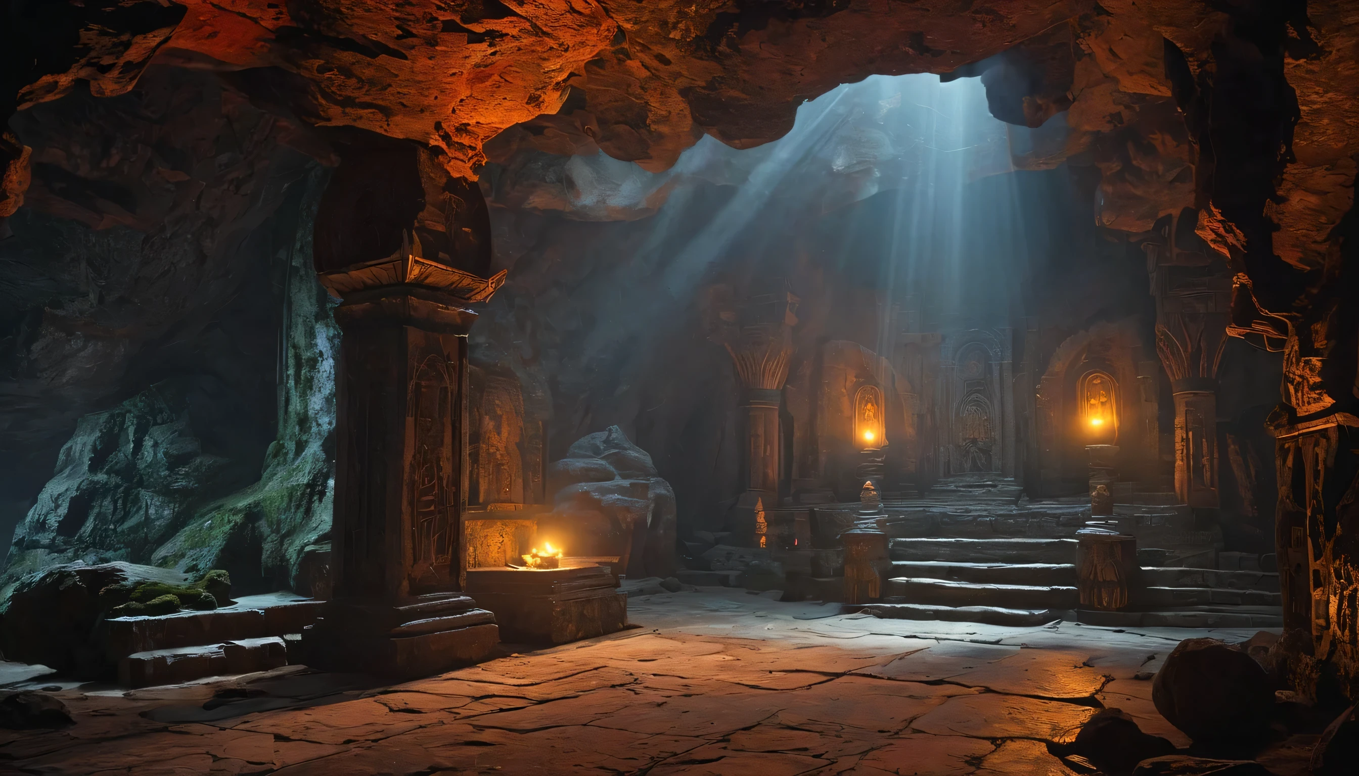 call of ctulhu temple in underground cave warm lights, dark atmhosphere The scene is accentuated by a warm light source, adding a sense of realism and depth (Cold light source: 1.2). The lighting is voluminous, casting dramatic shadows and highlights (Voluminous lighting). The overall image quality is of the highest caliber, with masterful attention to detail and precision (Realism masterpiece: 1.2, Best quality, 4k, Ultra-detailed). The composition is dynamic, capturing the viewer's attention (Dynamic composition: 1.4). The image is filled with intricate and colorful details, enhancing its visual richness (Detailed, colorful details). The color scheme predominantly features shades of grey, creating a serene and ethereal ambiance (White color scheme: 1.2). The lighting creates a glowing and ambient atmosphere, adding medieval look (Glowing lighting, Ambiance lighting). The scene evokes a sense of solitude and tranquility (Solo: 1.2).