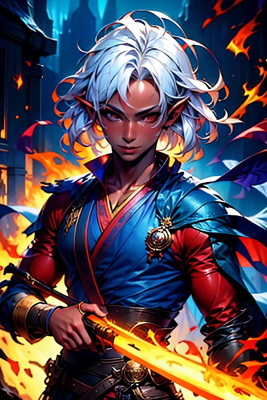 High resolution, solo, (detailed face), ((best quality)), ((masterpiece)), (detailed), male tiefling, cleric, monk, middle aged male, surrounded by fire, dark red skin, firey eyes, messy white hair