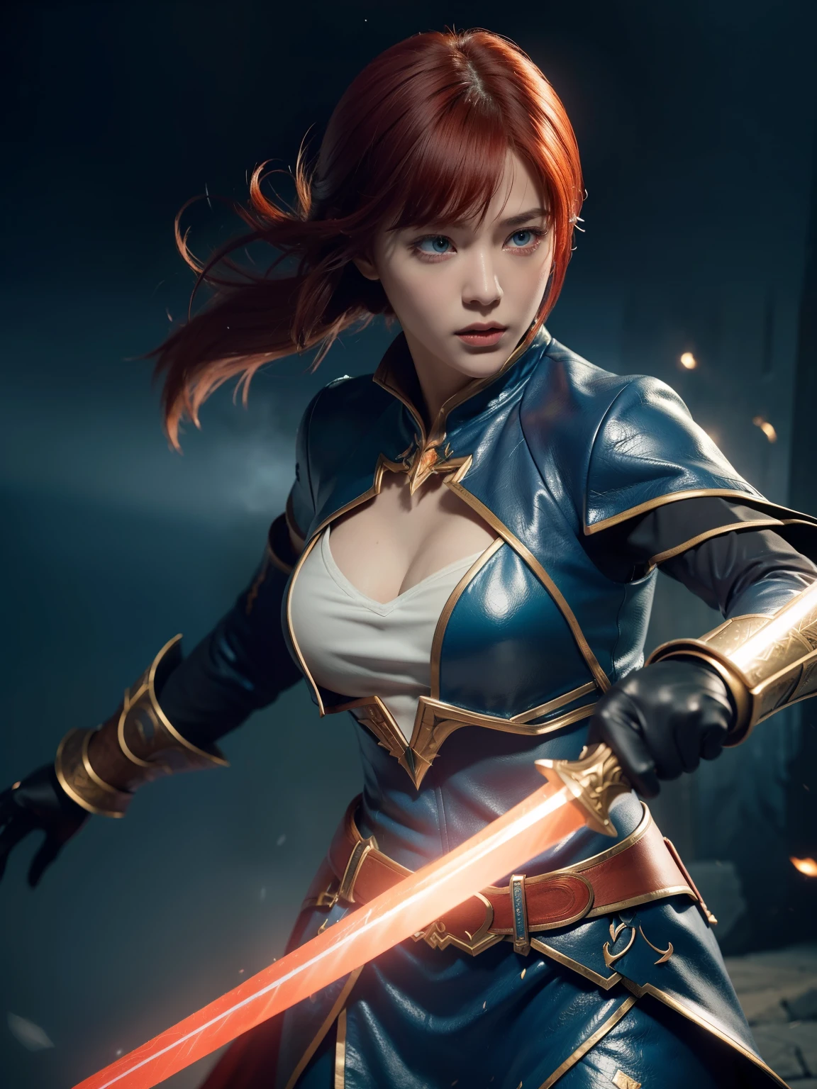 female, late 20s, short red hair, cerulean colored eyes, mage with magical translucent two-hand sword, wearing combat outfit for wizards, fire particles, dark, red, yellow and orange, complex details, volumetric lighting, realism BREAK (masterpiece:1.2), (best quality), 4k, ultra-detailed, (dynamic composition: 1.4), high detailed, colorful details, (gloomy colors: 1.2), (luminous lighting, atmospheric lighting), gloomy, magical, (solo: 1.4), (((glove full hands))), glowing