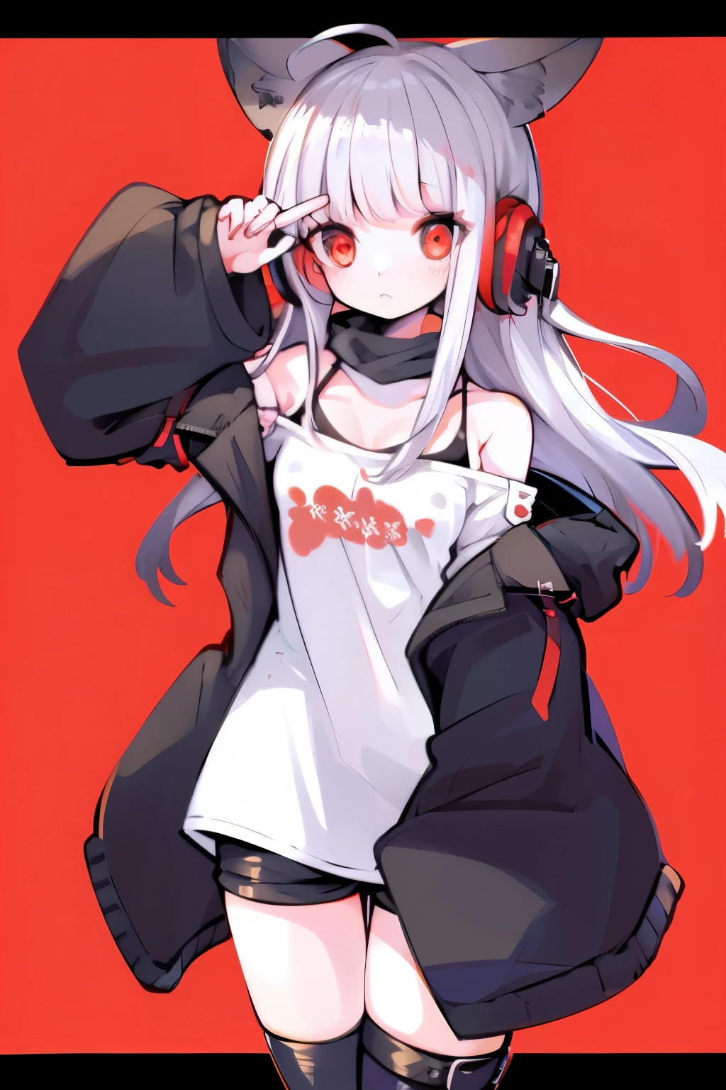 table top, highest quality, High resolution, 1 girl, futaba sakura, sharp bangs, silver hair, red eyes, Ahoge, small breasts, headphones, behind-the-head headphones, white shirt, Jacket, off shoulder, fur trim, ファートリムJacket, 緑のJacket, shorts, thighs thighs thighs, Knee-high boots,White fox ears，Exact hand shape and number of fingers，((Fingers are hidden by sleeves)) cowboy shot,golden hour,An illustration