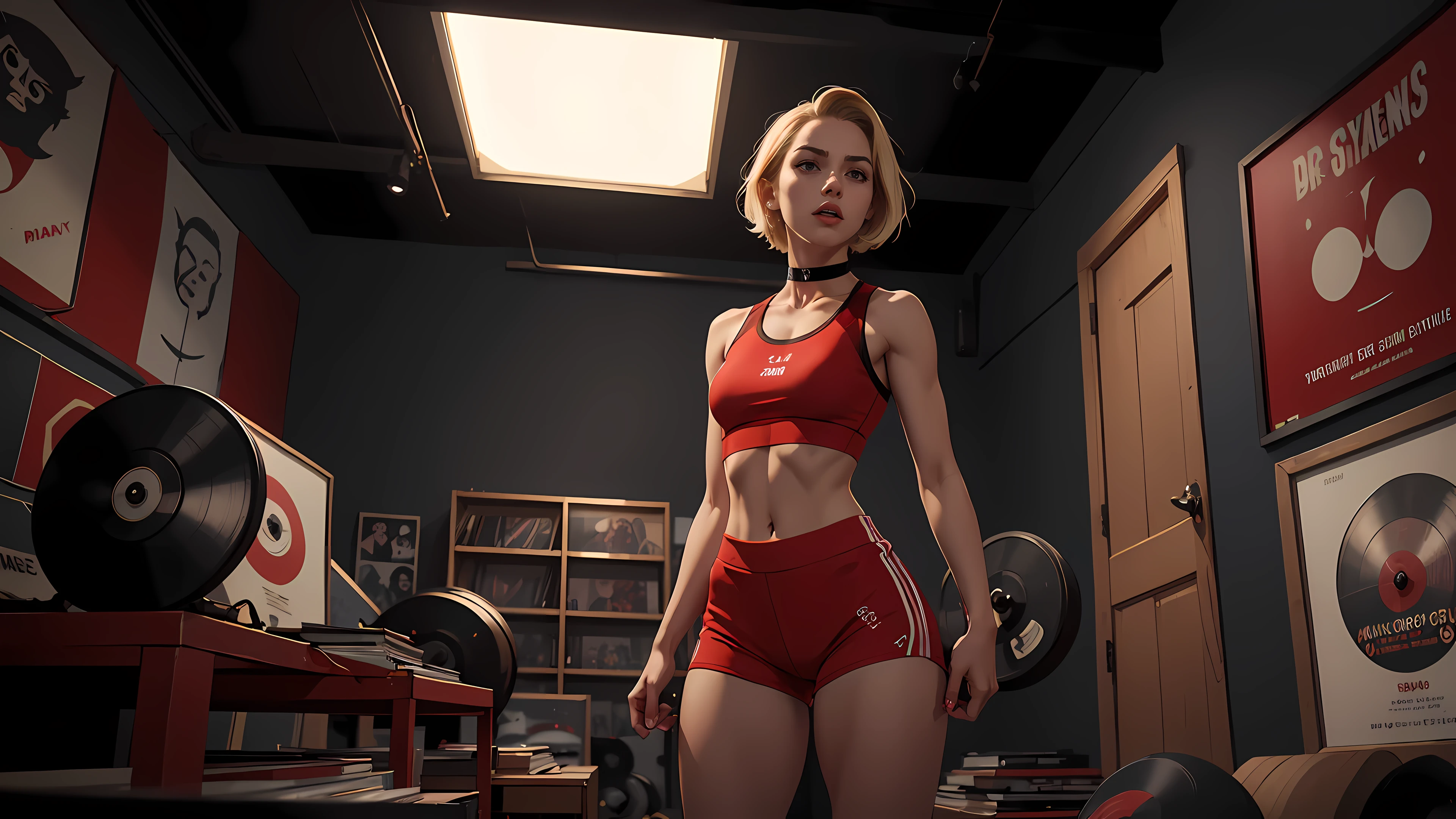 ((1girl)), 21 year old woman, short blonde hair, small breasts, thin hips, choker collar, tight red crop gym top, tight red gym shorts, standing, open door, open window, record store, records, vinyl, dramatic lighting, cinematic lighting, masterpiece, best quality