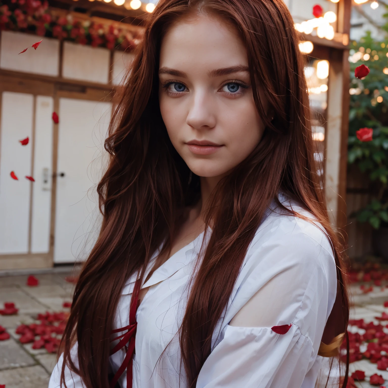 Blue-eyed girl with red long hair in rose petals