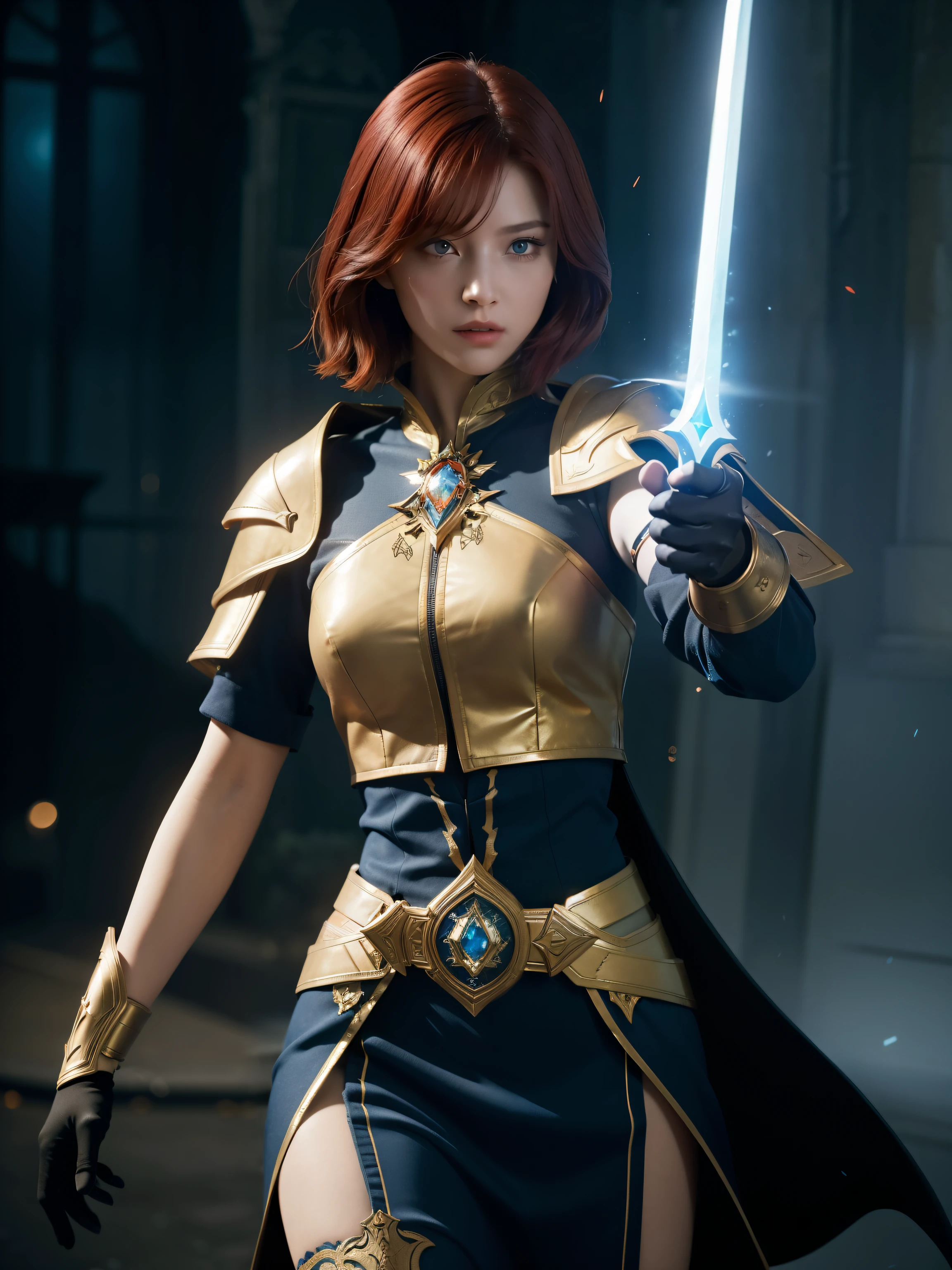 female, late 30s, short red hair, big cerulean colored eyes, mage with magical translucent two-hand sword, wearing combat outfit for wizards, fire particles, dark, red, yellow and orange, complex details, volumetric lighting, realism BREAK (masterpiece:1.2), (best quality), 4k, ultra-detailed, (dynamic composition: 1.4), high detailed, colorful details, (gloomy colors: 1.2), (luminous lighting, atmospheric lighting), gloomy, magical, (solo: 1.4), (((glove full hands))), glowing