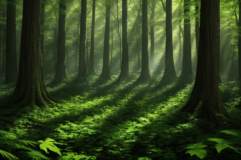 (a dense forest with tall symmetrical trees), realistic, high resolution, vivid colors, sharp focus, professional lighting, sunlight filtering through the leaves, calm atmosphere