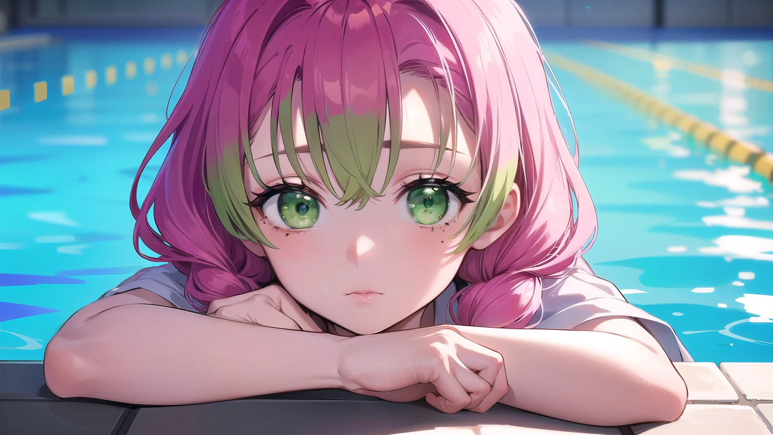 Mitsuri Kanrodzi, Mitsuri Kanrodzi, hair, Gradient hair, (Green eyes:1.5), green hair, long hair, a mole, a mole under eye, multicolored hair, pink hair, twin hairs, two tone hair,
break bikini,
break looking at viewer,
break indoors, pool,
break (Masterpiece:1.2), Best quality, A high resolution, unity 8k wallpaper, (Illustration:0.8), (beautiful detailed eyes:1.6), very detailed face, perfect lighting, extremely detailed computer graphics, (perfect hands, Ideal Anatomy),