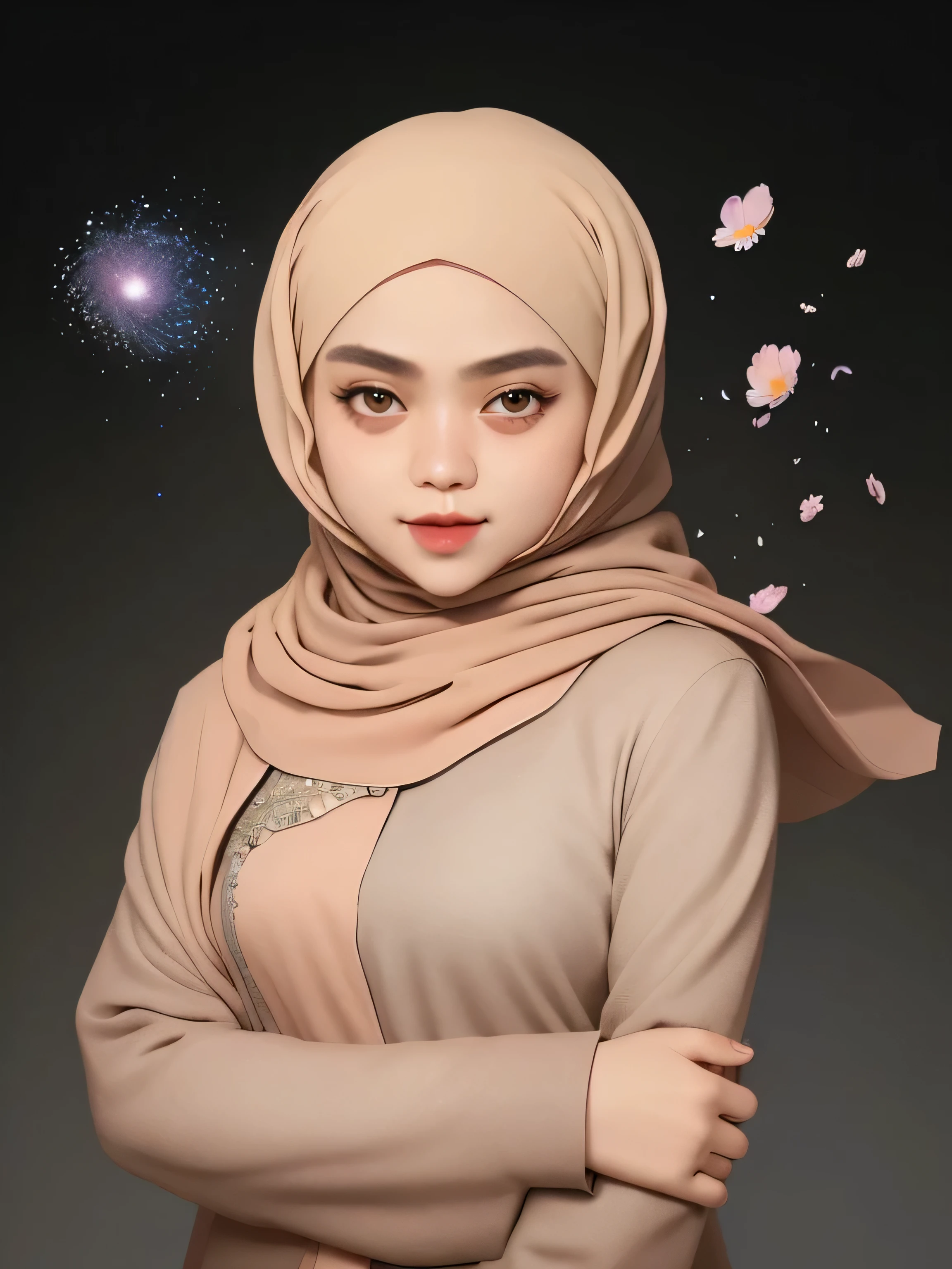 (best quality, masterpiece), 1 malay girl in hijab, pose, particle, wind, flower, upper body, bokeh background, looking at viewer, blonde, galaxy,