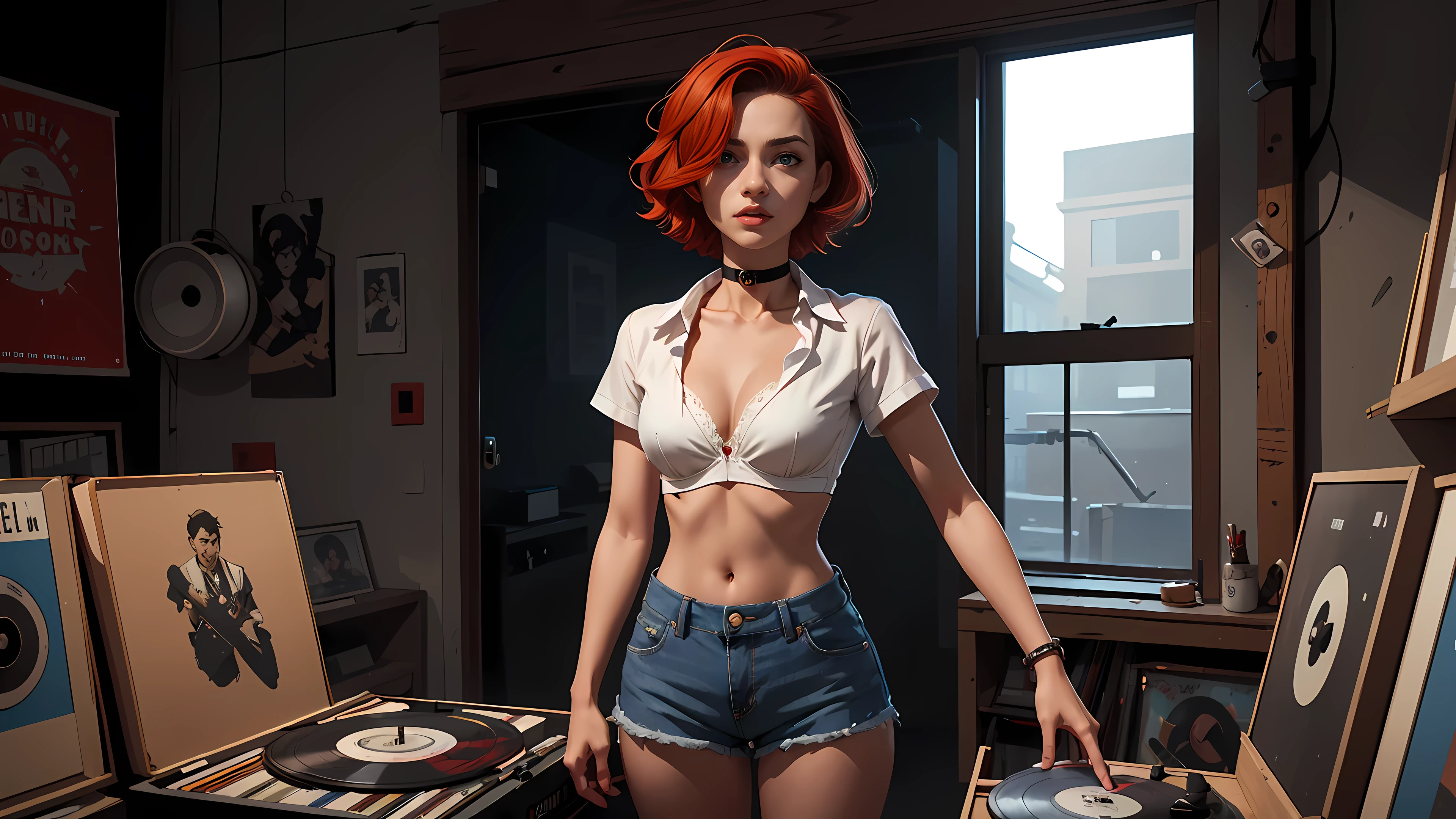 ((1girl)), 21 year old woman, short red hair, small breasts, thin hips, choker collar, unbuttoned white shirt, blue bra, jean shorts, standing, open door, open window, record store, records, vinyl, dramatic lighting, cinematic lighting, masterpiece, best quality