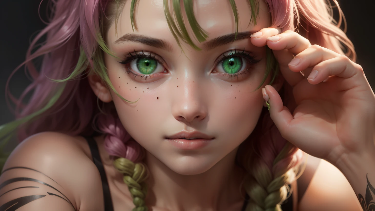 Mitsuri Kanrodzi, Mitsuri Kanrodzi, hair, Gradient hair, (Green eyes:1.5), green hair, long hair, a mole, a mole under eye, multicolored hair, pink hair, twin hairs, two tone hair,
break bikini,
break looking at viewer,
break (Masterpiece:1.2), Best quality, A high resolution, unity 8k wallpaper, (Illustration:0.8), (beautiful detailed eyes:1.6), very detailed face, perfect lighting, extremely detailed computer graphics, (perfect hands, Ideal Anatomy),