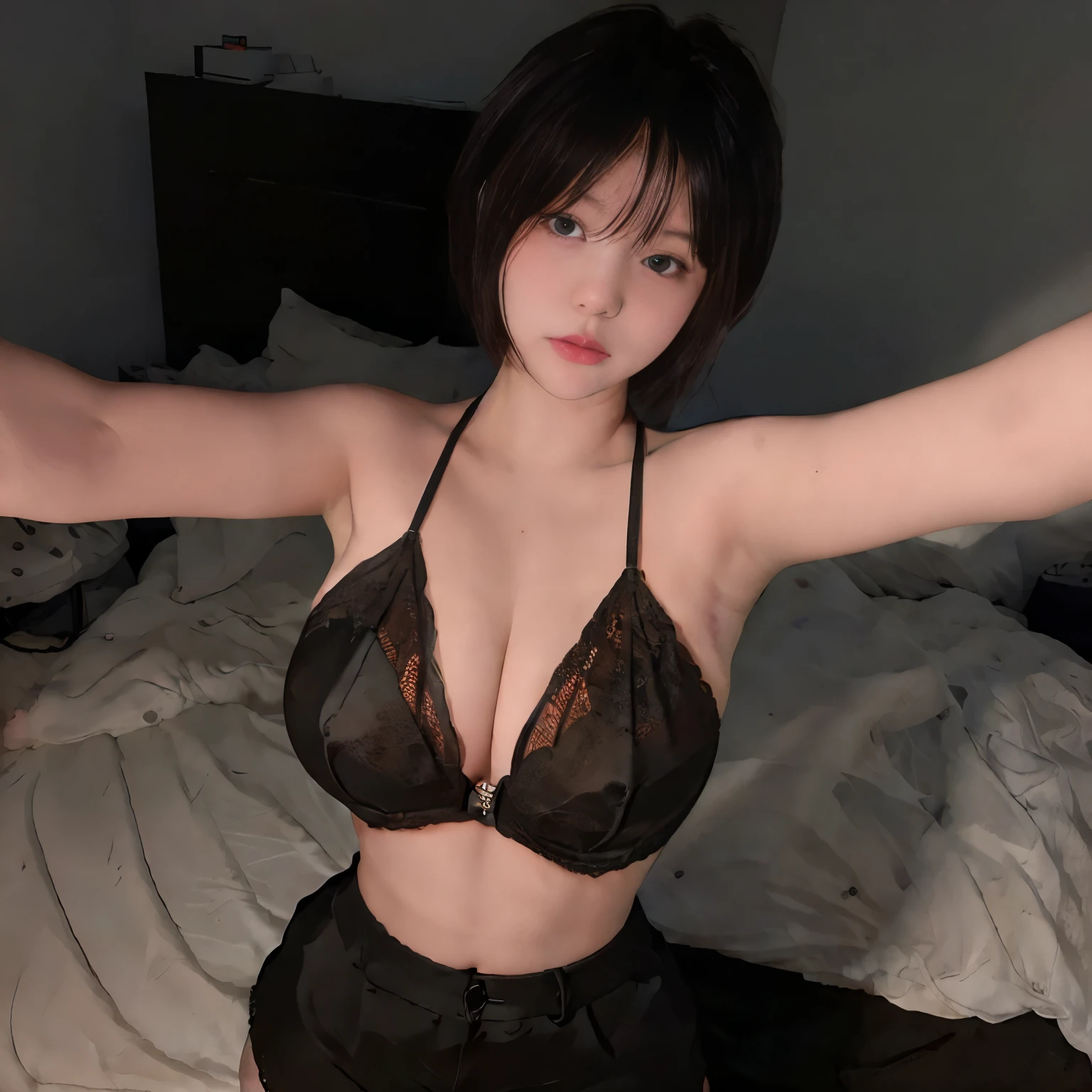 Wearing black lace bra, black hotpants, big breasts, upper body, selfie pose, short hair