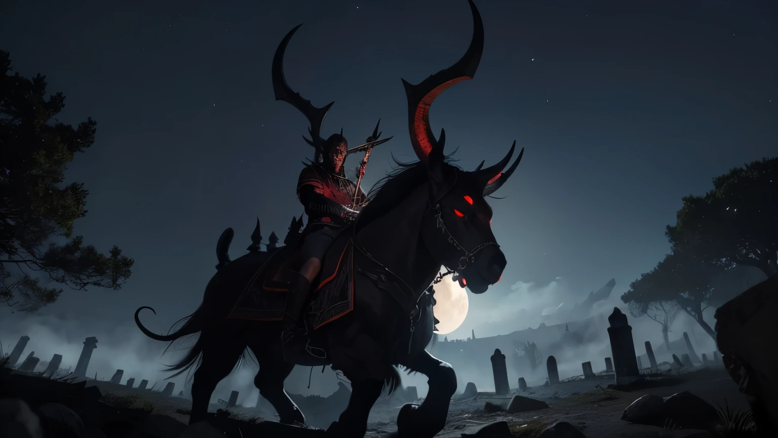 um feiticeiro convoca o Diabo para realizar um sinistro ritual. Among ancient tombs, o Diabo surge, your horns shining in the moonlight, pronto para negociar com o feiticeiro em troca de poderes sombrios e segredos ancestrais."