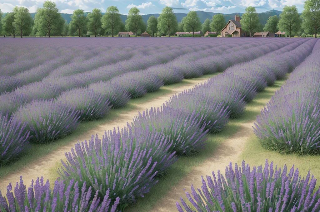 (best quality, 4k, 8k, high resolution, masterpiece: 1.2), ultra detailed, (realistic, photorealistic, photorealistic: 1.37), professional, landscape,best quality, professional, impressive, lavender field, perfectly symmetrical plantation, ultra-detailed, HDR, UHD, studio lighting, vivid colors, sharp focus, realistic, photography