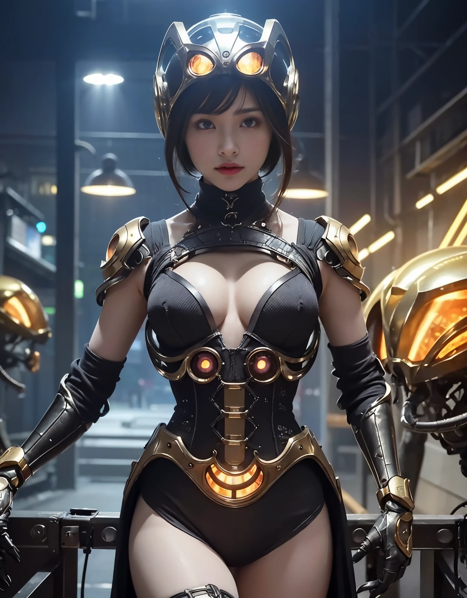 (Background of the skimpy mechanical girl and the octopus alien)、（mysterious look）、highest quality、masterpiece、ultra high resolution、(Photoreal:1.4)、RAW photo、1 girl、glowing skin、detailed face、(((1 Mechanical Girl)))、heavy chest、（gold metal bodysuit）、(Natural alien background to fight aliens)、(Small LED)、((Ultra realistic details))、vertical giant monster background),global illumination、Shadow、octane rendering、24k、super sharp、robotの背景、big breasts、Raw skin exposed in the cleavage、intricate decorative details、Japan details、very intricate details、realistic light、(mysterious look),CG Society Trenlow Eyes、Eyes shining towards the camera、Mechanical marginal blood vessels connected to neon detail tubes)、(Wires and cables connecting to the head)、Small LED、,mechanical thighs、2 stocks、（Hands are also made of machines）、robot、future alien、Please wear a mechanical helmet、helmet transparent face guard、