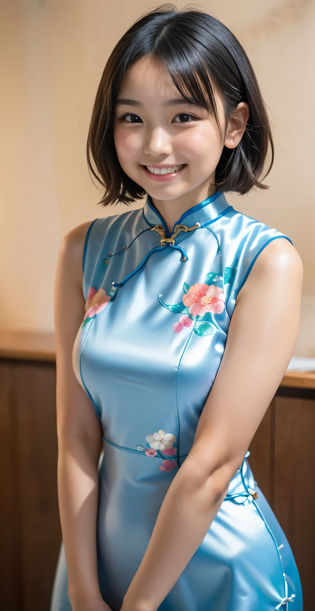 （8k、Raw photography、highest quality、masterpiece：1.2),(black haired、very short hair:1.8),(twin mitsu braid:1.4)、show viewer,Looking at the front,erotic,white skin,(She is wearing a shiny floral cheongsam。.:1.7)、()、(Clothing that emphasizes the shape of your chest、Clothes that expose a lot of skin:1.6)、(big breasts :1.2)、slim body shape、ultra high resolution,beautiful,beautiful fece,(alone、no background:1.9),whole bodyボディー,japanese woman,（Photoreal：1.37）、photon mapping,reality、(Baby-faced and cute: 1.0)、(cute smile: 1.7)、(With a round face: 1.7)、radio city、Physically based rendering、depth of field rally background、photograph, (I can see your knees,close up of thighs:1.5),whole body、super fine