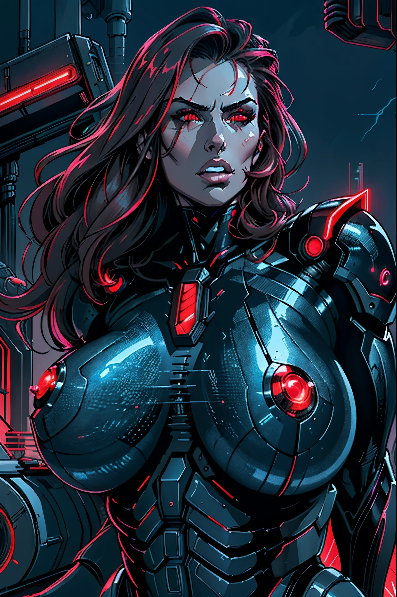 (best quality,ultra-detailed,realistic:1.37),woman cyborg,red eyes,evil,anime,huge ,sleek metallic body,expressionless face,glowing circuits,enormous energy blade,mechanical limbs,dystopian city backdrop,neon lights reflection,dark and ominous atmosphere