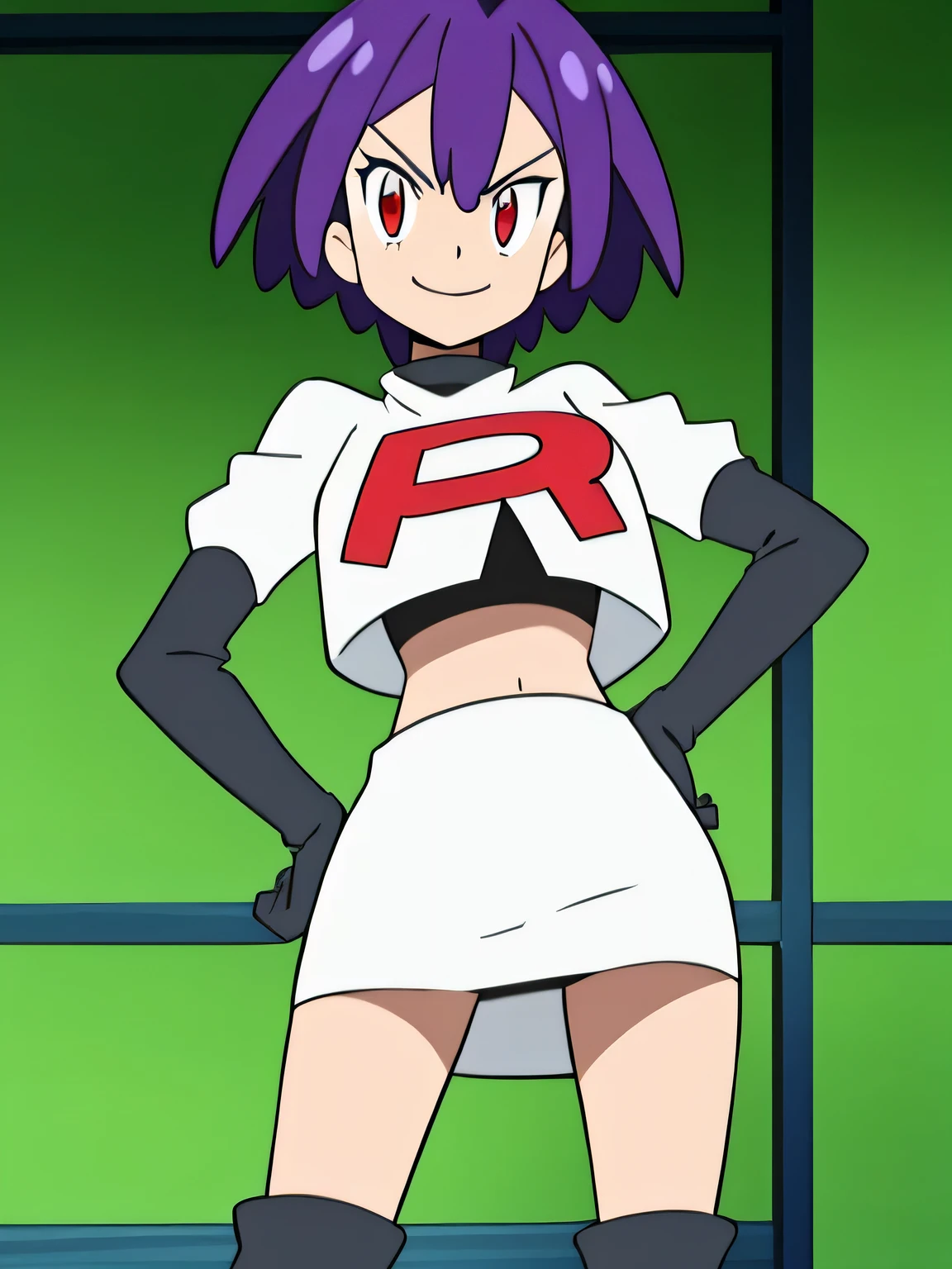 Colorful , masutepiece, Best Quality, 1girl in, , purple hair, middle hair, spike hair, Evil Female Executive, Goth ta Costume, a miniskirt, White stockings, Large red ribbon, a choker, White inner, black clothes, black boots, bat wings, , from below, looking at viewer, contrapposto, hand on hip, hairs between eyes, red eyes, shiny eyes,team rocket uniform, red letter r, white skirt,white crop top,black thigh-high boots, black elbow gloves, glaring angrily, looking at viewer, hands on hips, zettai ryouiki, cowboy shotteam rocket uniform, red letter R, white skirt,white crop top,black thigh-high boots, black elbow gloves, evil smile, hands on hips