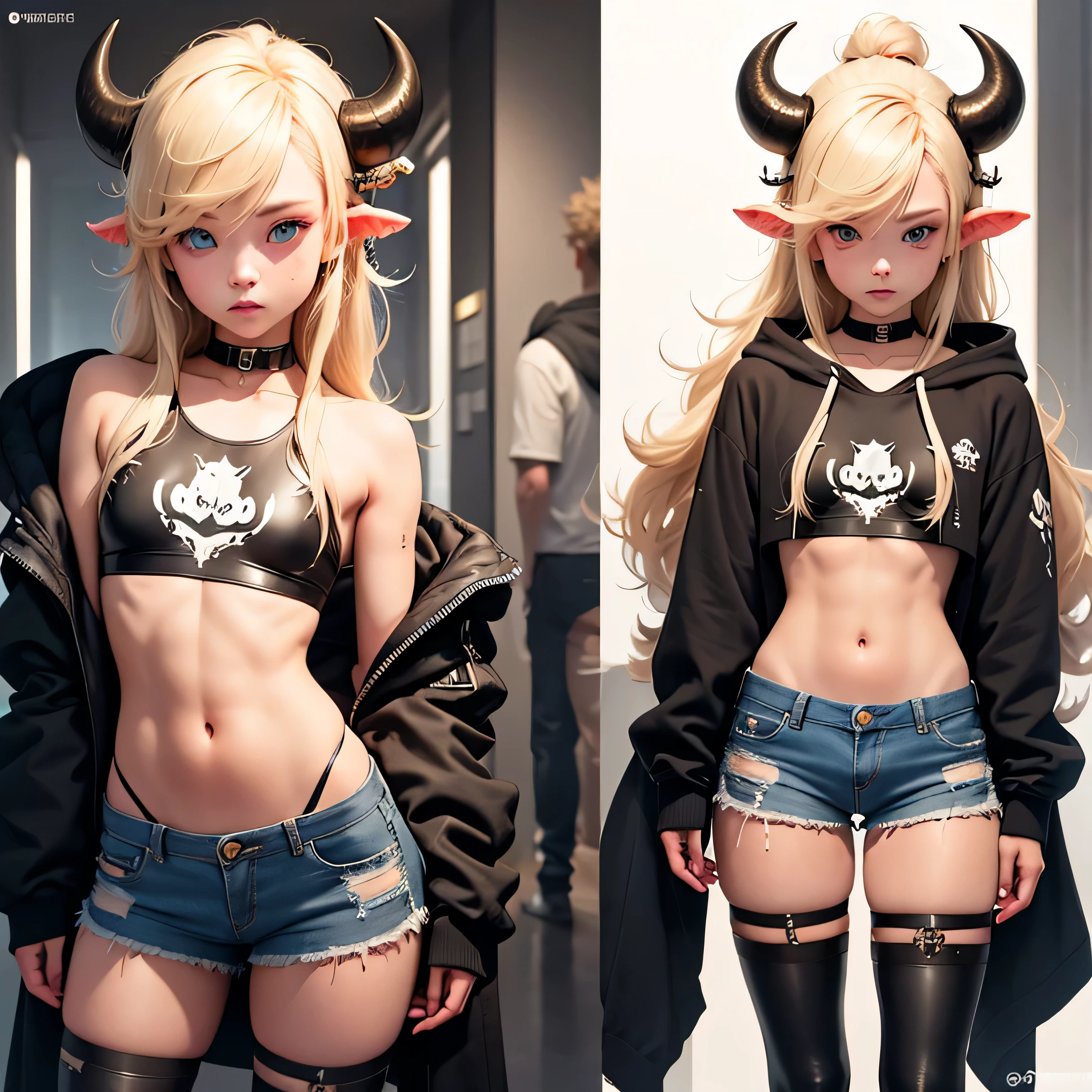 male with cow ears, cow horns on his heads, has blonde hair, is male, male, short, wearing  cropped pink hoodie, wearing denim short shorts, wearing thigh high fishnets, wearing black combat boots, SOLO, ALONE, (SOLO)(ALONE), has blue eyes, (Perfect eyeasterpiece) thick thighs, wide hips, has wolf tail, super flat chest, flat chest (Super flat chest), male, is male, no breasts