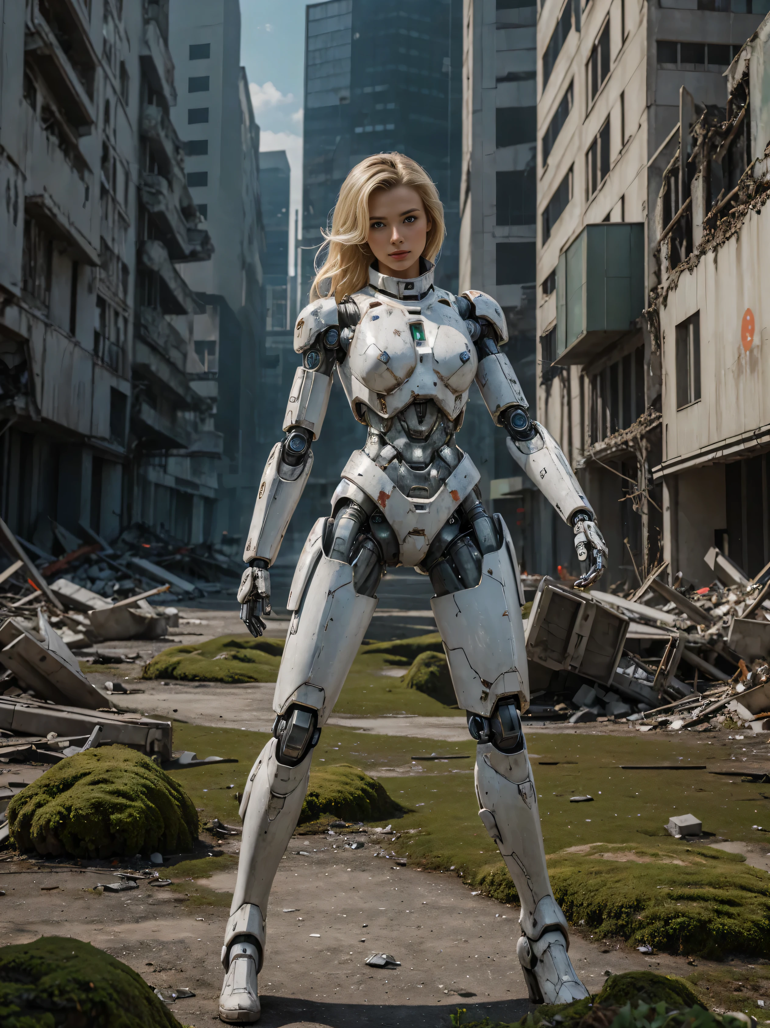 ((masterpiece, highest quality, Highest image quality, High resolution, photorealistic, Raw photo, 8K)), Abandoned robot soldier on battlefield, broken and immobile, rust and moss showing passage of time, female cyborg body, Blonde, female body, biomechanical , extra detailed body, blowjob white mech, white biomechanical details, detailed body, shiny white armor, cybernetic body, eva unit-00 on back, full body details, destroyed city in the background