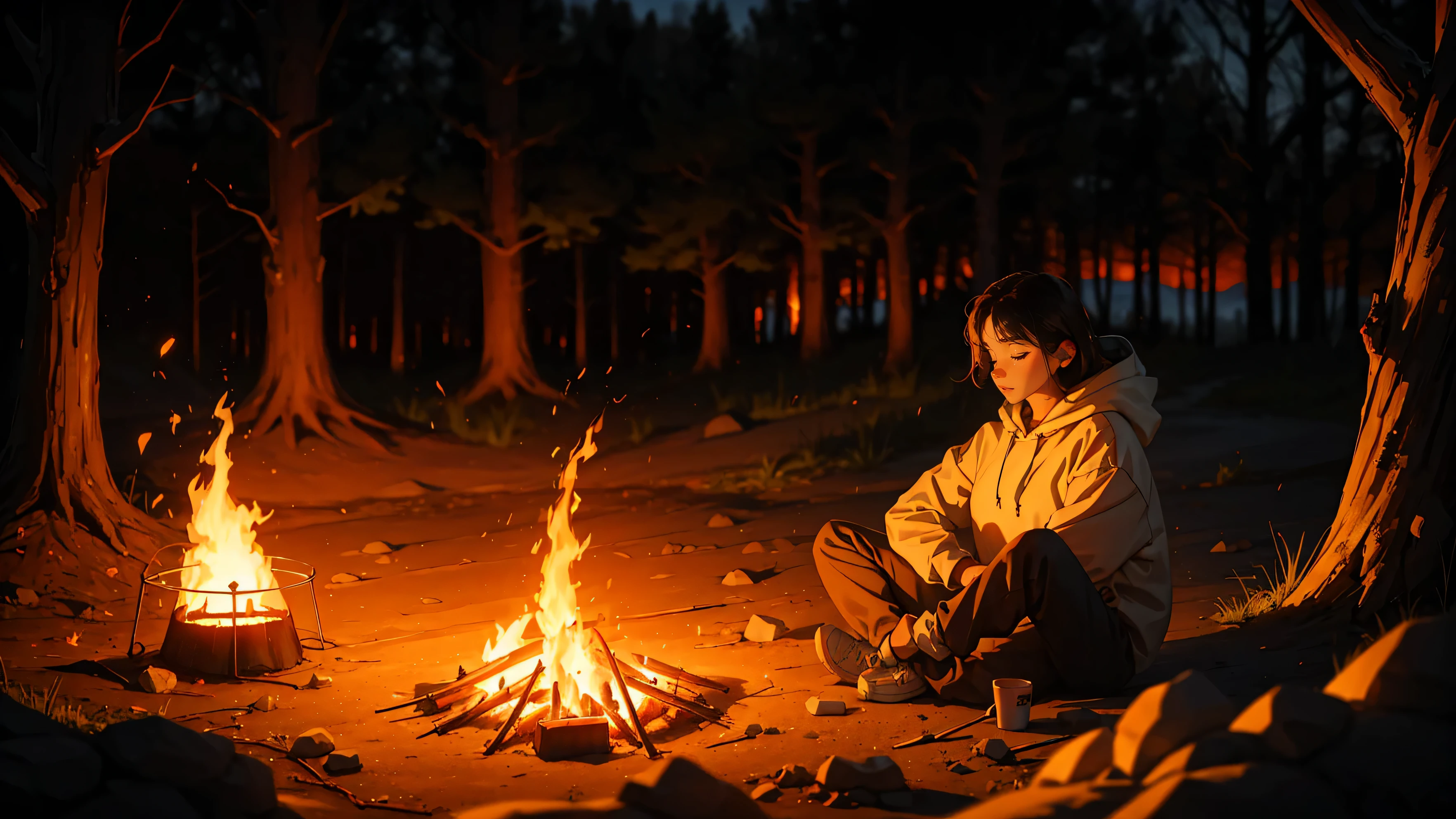 (1 milf)、(alone)、sleepy look、 Overall image, ( fire sitting nearby, wearing a hoodie, outdoors fashion), (barbecue:1.2, campfire), , wood cottage 燃焼 behind them, urgent, , (ultra high resolution, 8K RAW写真, realistic, Thin contours), in the forest, outdoors, interesting, (fire focus),　(one bonfire)