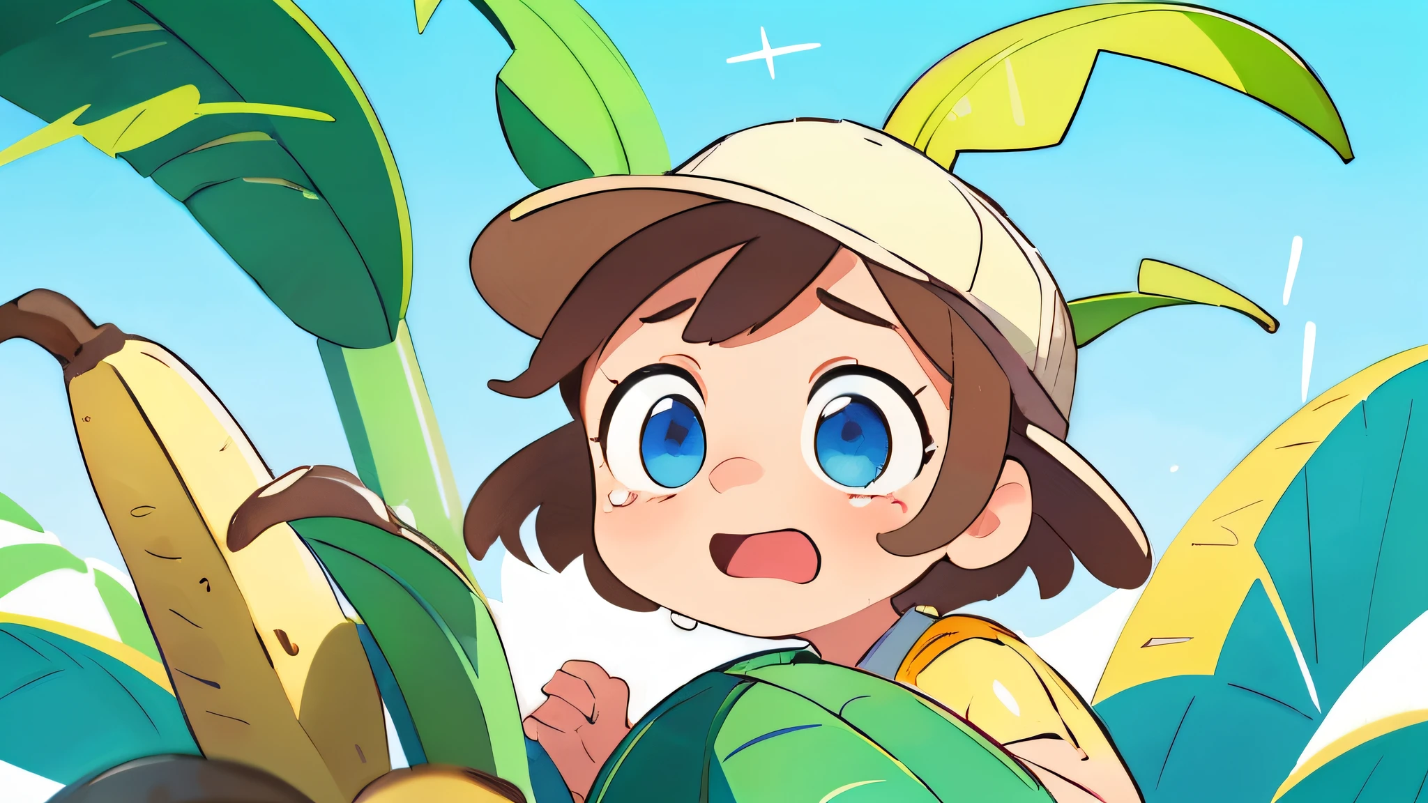 cryin, realistic tears, sad, banana hat, bananas background pattern, banana tree, blueish background, high detailed, fornite banana costume, shooting, explosion, high contrast, high saturation, guns, bananas, crying, big eyes, in a close view, front, girly brown hair, blue eyes