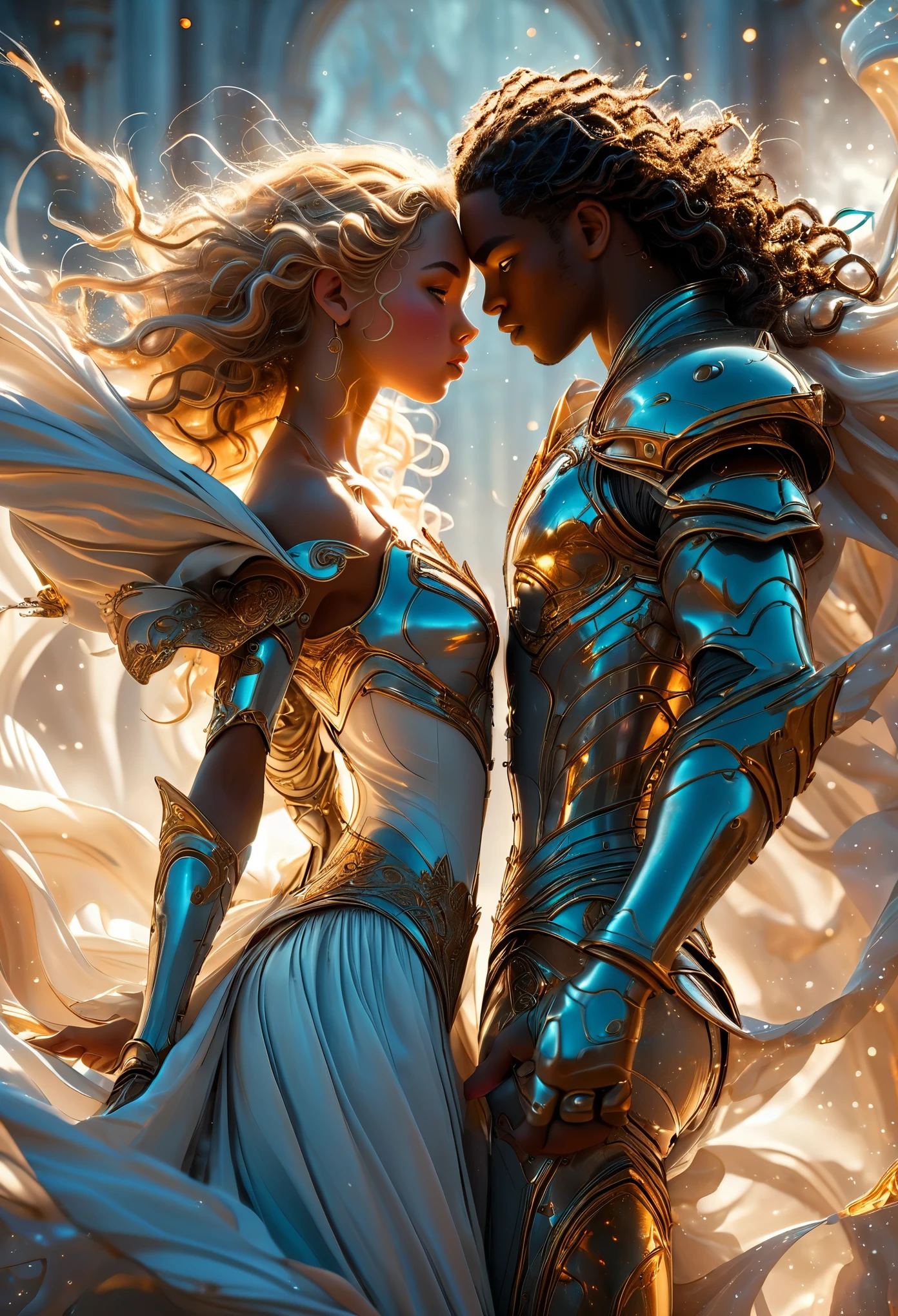 Duo in a celestial landscape, young dark-skinned duo in their 20s, in hell, they are fighting each other, he is a prince of the fallen angels with long curly caramel hair, she is a mixed-race princess, she has freckles, she is blonde with grey eyes, Full body, 8K, extremely detailed, high quality, (photorealistic:1.37), Full body, ideal proportions and defined complexion, meticulously crafted features, unreachable beauty, perfection, breathtaking elegance, g curves, goddess-like figures, divine symmetry, artistic masterpieces, vivid realism, hyper-detailed sculptures, life-like forms, truly awe-inspiring, impeccable craftsmanship, pure radiance, ethereal beauty, delicate contours, striking poses, sublime beauty, subtle nuances, dynamic compositions, vibrant colors, perfect lighting, soulful expressions, celestial aura, majestic presence, dreamlike atmosphere, unmatched gdetailed octane render trending on artstation, 8 k artistic photography, photorealistic concept art, soft natural volumetric cinematic perfect light, chiaroscuro, award - winning photograph, masterpiece, perfect composition, beautiful detailed intricate insanely
