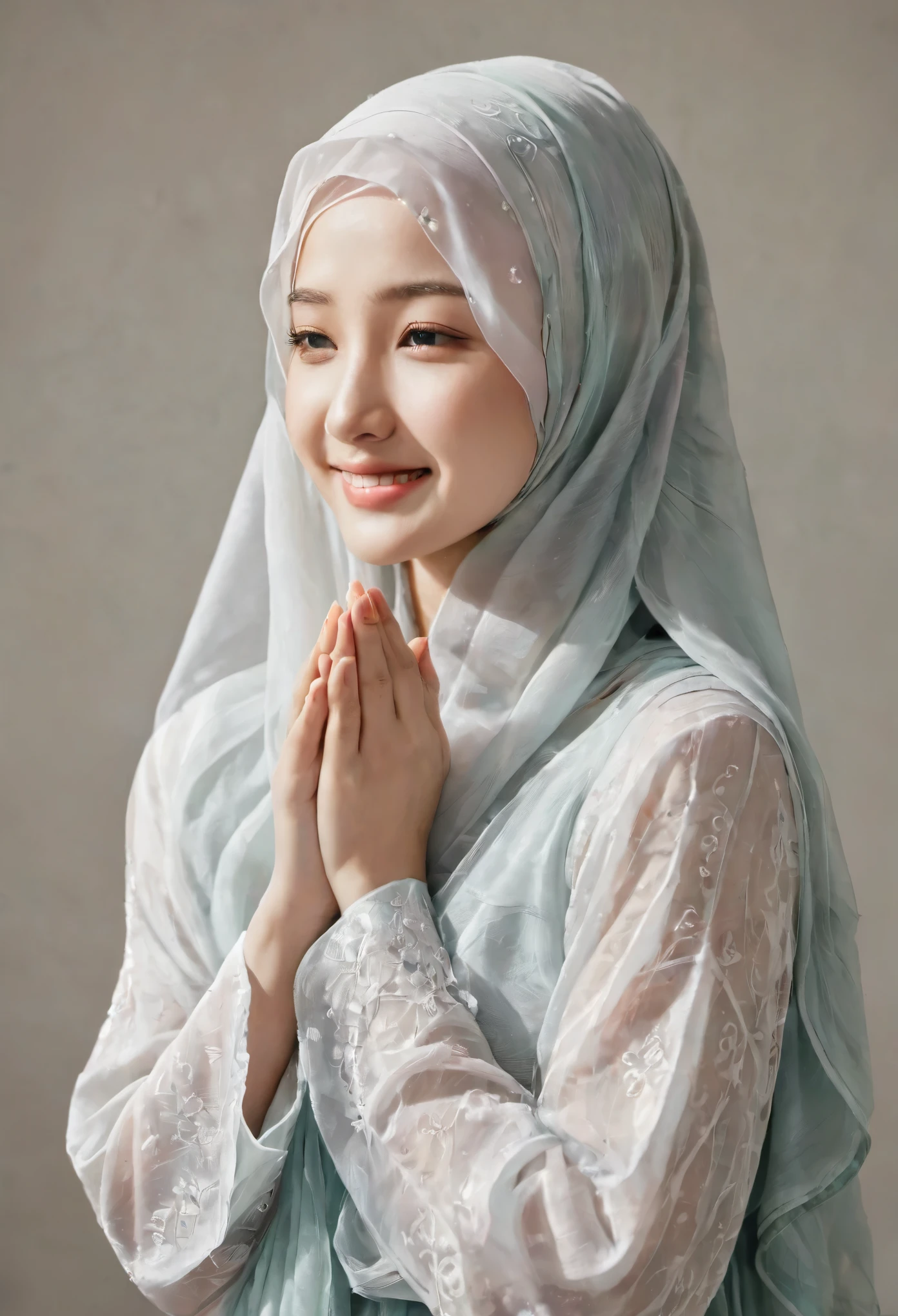 +mukena), 1 girl, 25 year, smile, using a PRAYER HIJAB frilly, white background, real_life, from_behind_view