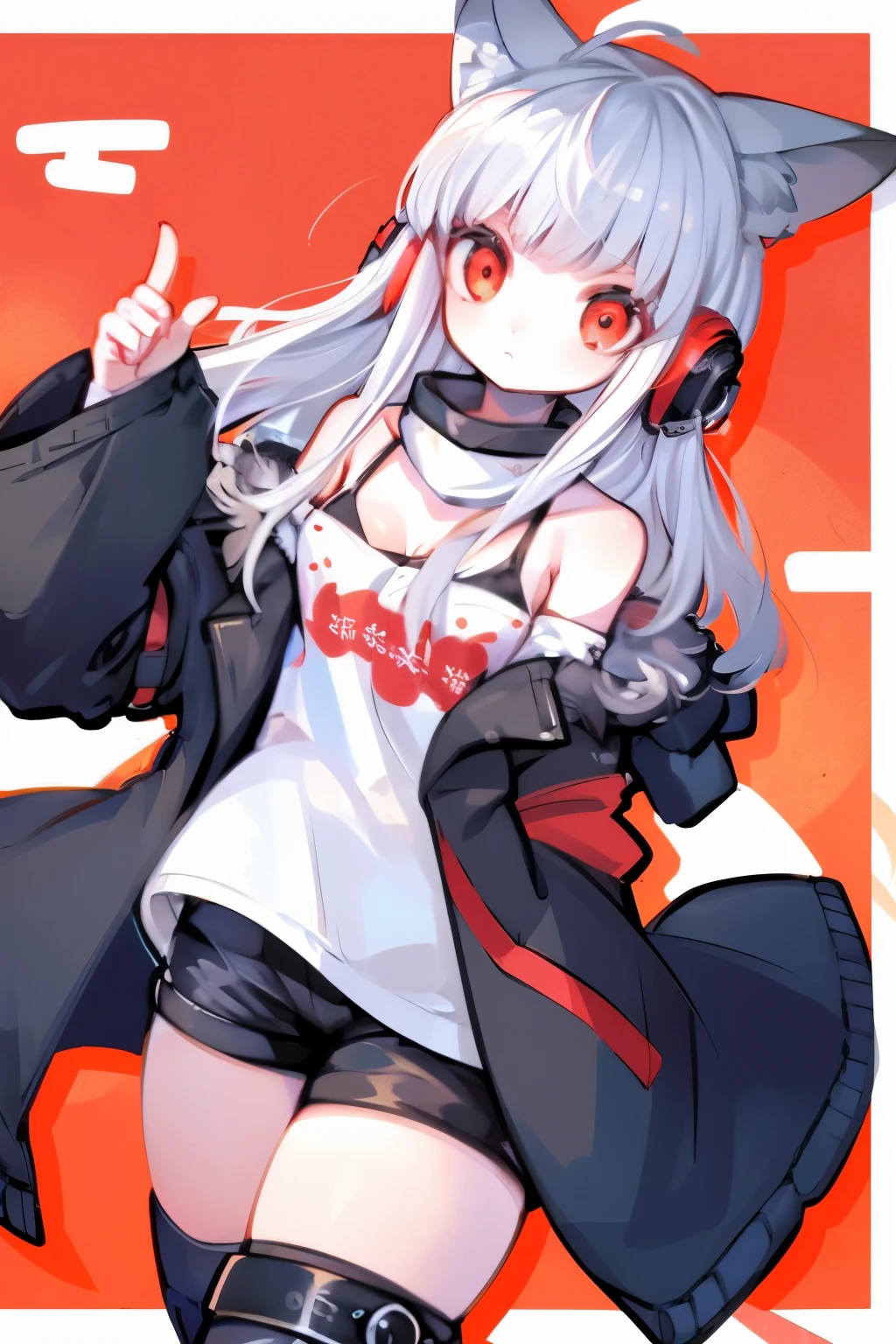 table top, highest quality, High resolution, 1 girl, futaba sakura, sharp bangs, silver hair, red eyes, Ahoge, small breasts, headphones, behind-the-head headphones, white shirt, Jacket, off shoulder, fur trim, ファートリムJacket, 緑のJacket, shorts, thighs thighs, knee high boots,white fox ears，Exact hand shape and number of fingery fingers are hidden by my sleeves))，Close-up,golden hour,An illustration