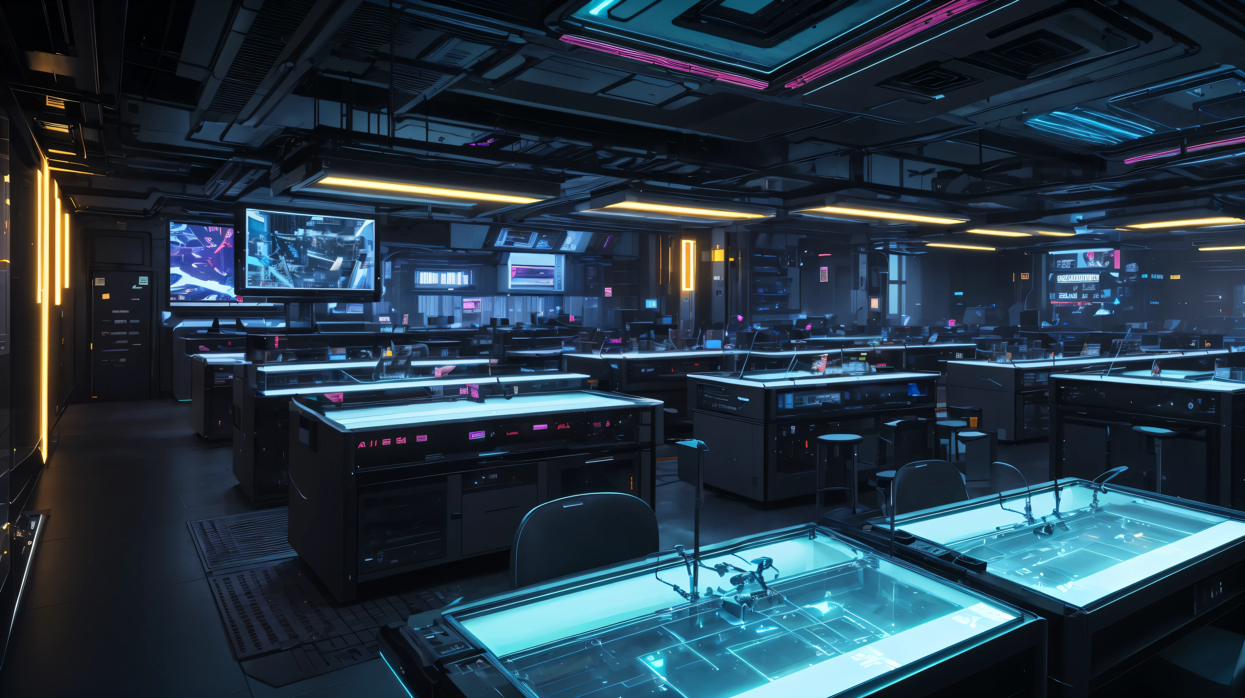 A super futuristic high-tech cyberpunk sapphire scientific laboratory with gold details