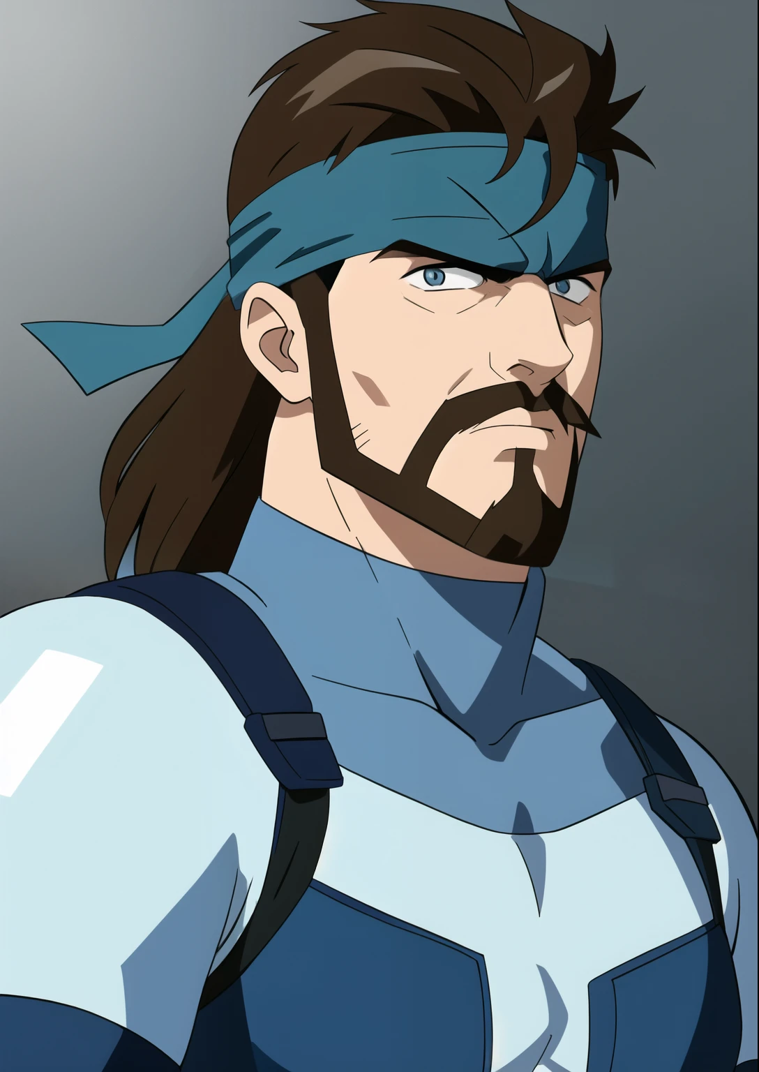 masterpiece, best quality, solid snake, facial hair, blue bodysuit, gloves, headband, upper body, looking at viewer, serious expression on face, ben10