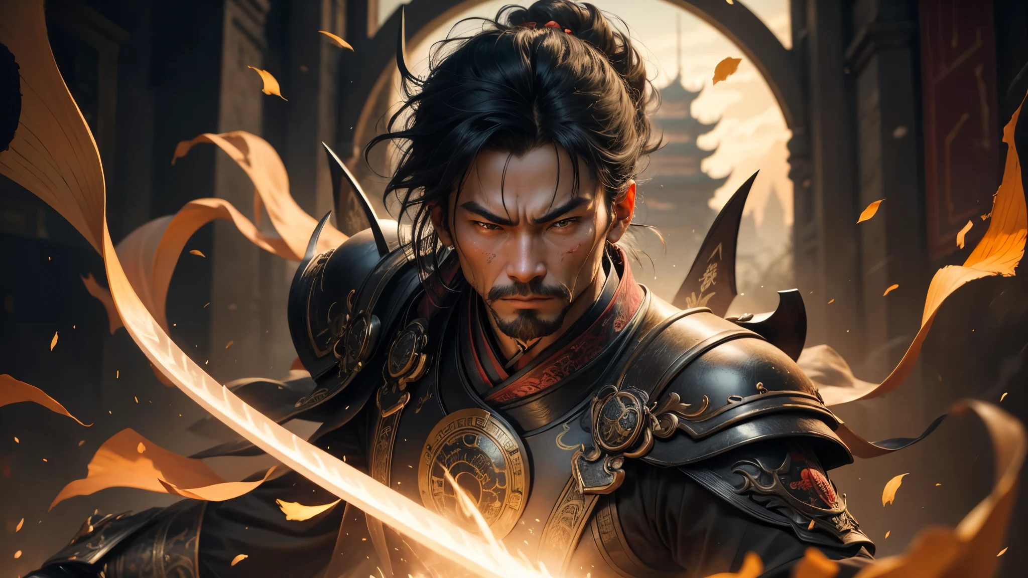 good quality, ultra high resolution,masterpiece, (reality,detail,close up)an oriental man,Serious expression,Wearing black ancient Chinese costume,Sword in hand,Outside the city gate with a warrioght each other,blood gradually