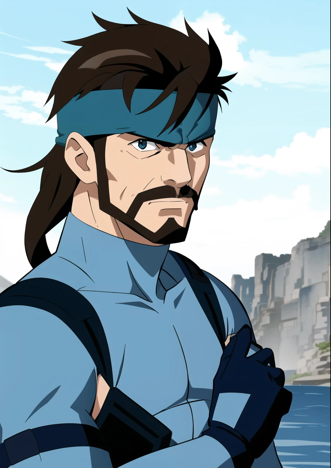 masterpiece, best quality, solid snake, facial hair, blue bodysuit, gloves, headband, upper body, looking at viewer, serious expression on face, ben10