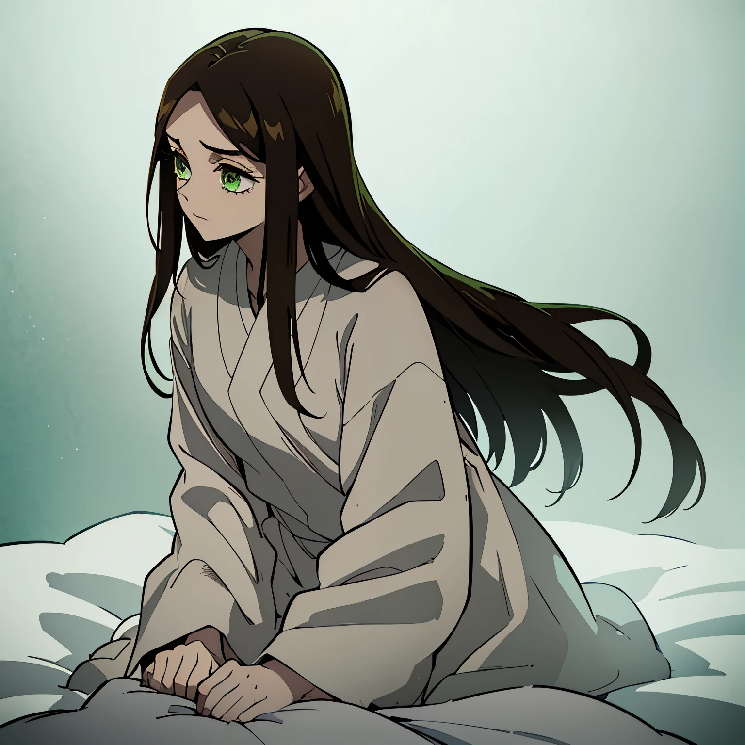 (Best quality:1.3), (a woman:1.1), (green eyes:1.2), (brown long straight hair:1.4) (manga style:1.5) En el estilo de Kimetsu no Yaiba, The girl with long brown hair with green eyes lies prostrate on a bed, wrapped in blankets to combat the cold that afflicts her. Her pale face and tired eyes reveal the exhaustion caused by the illness that afflicts her.. Your breathing is weak and labored, mientras lucha contra la fiebre que la consume. A pesar de su debilidad, its beauty is still visible, although now it is overshadowed by the shadow of illness. With his body immobile and his mind clouded by fever, wait with patience and determination for health to return to your body.