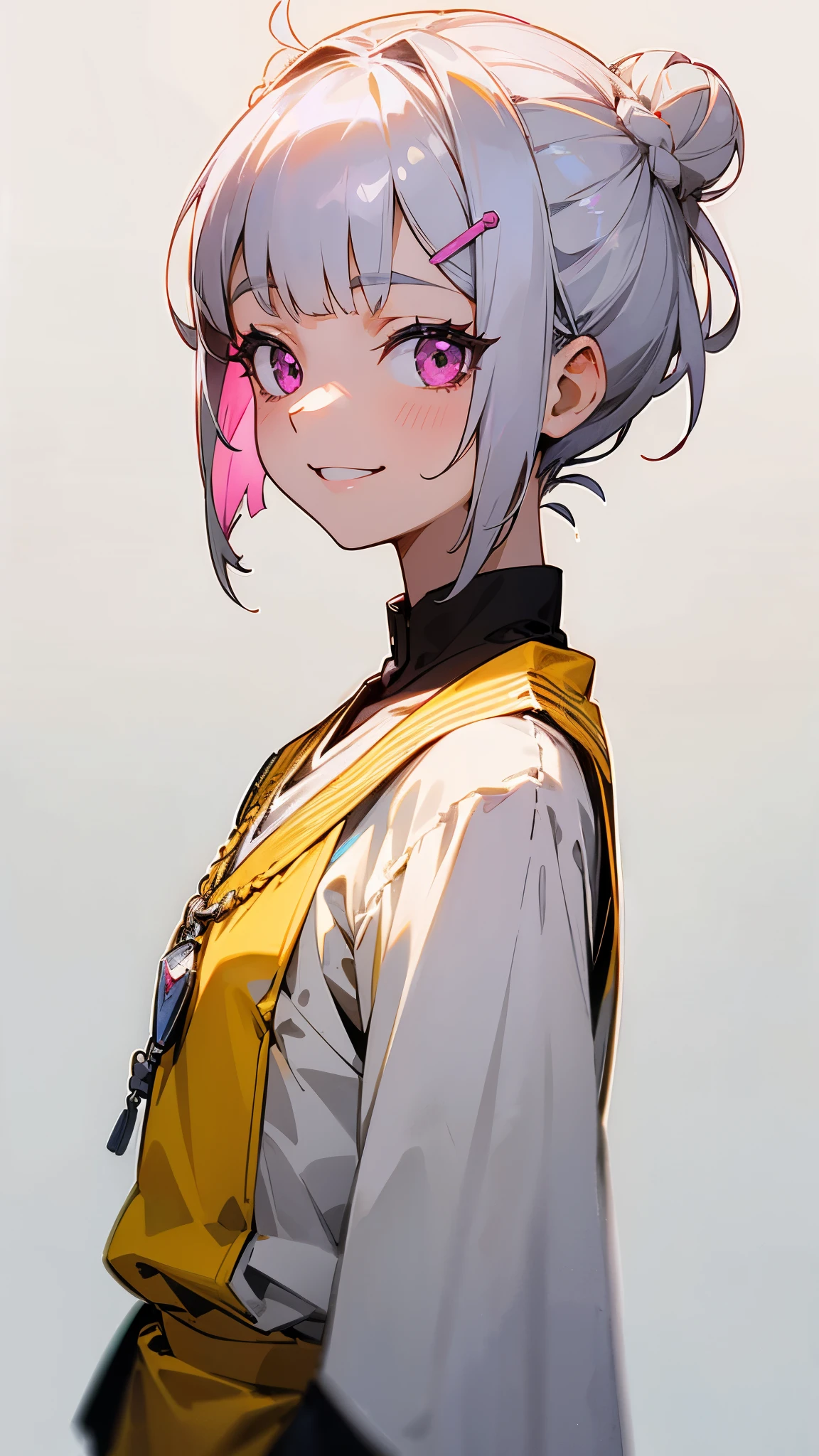 １girl、Silver hair and short bob hairstyles、Hair tied up in a bun with a hair clip、Shining pink round eyes、yellow peasant tunic、upper body close-up、grin、From the side、anime-like、sharp outline