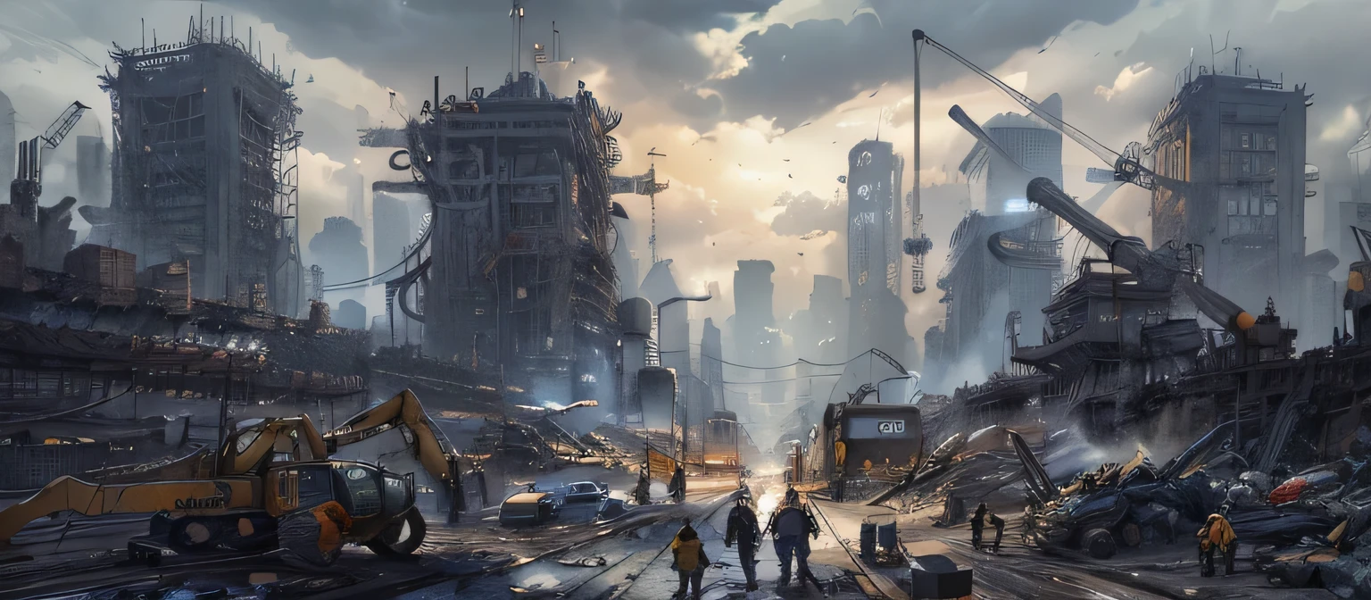 construction workers are walking through a city with a lot of construction equipment, digital concept art of dystopian, stefan koidl inspired, worksafe. cgsociety, worksafe.cgsociety, urban concept art, industrial sci-fi, industrial sci - fi, construction yard, dystopin future, industrial scifi, bastien grivet, industrial sci fi, dramatic concept art