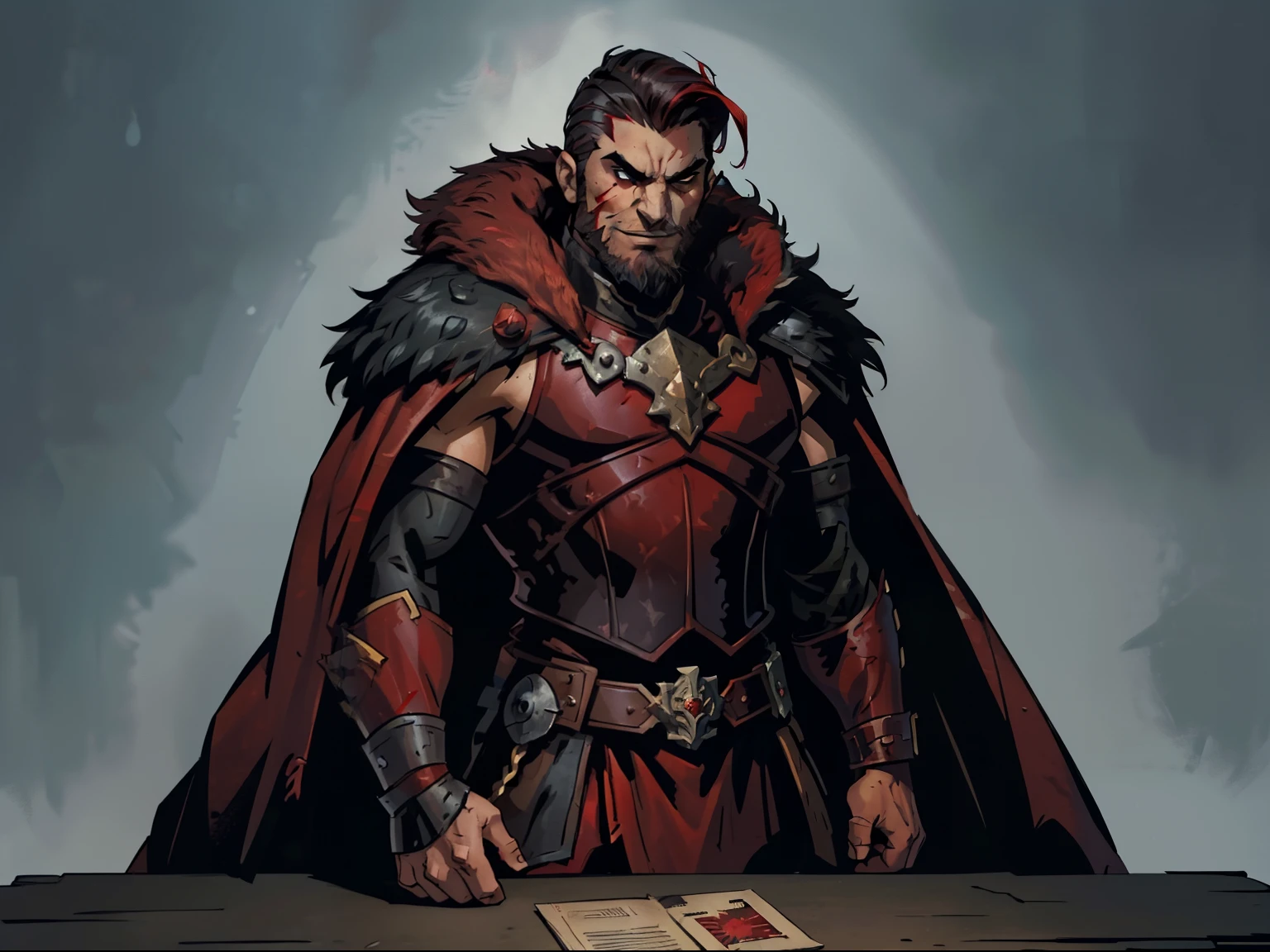Blood moon background, Darkest Dungeon style, weredragon, hiding in shadows. Sadurang from Marvel, hunk, buffed physics, short mane hair, mullet hair, defined face, detailed eyes, short beard, red eyes, dark hair, cruel smile, badass, dangerous. ((full red armor, mail cuirass, scaled sleeves, fur cloak))