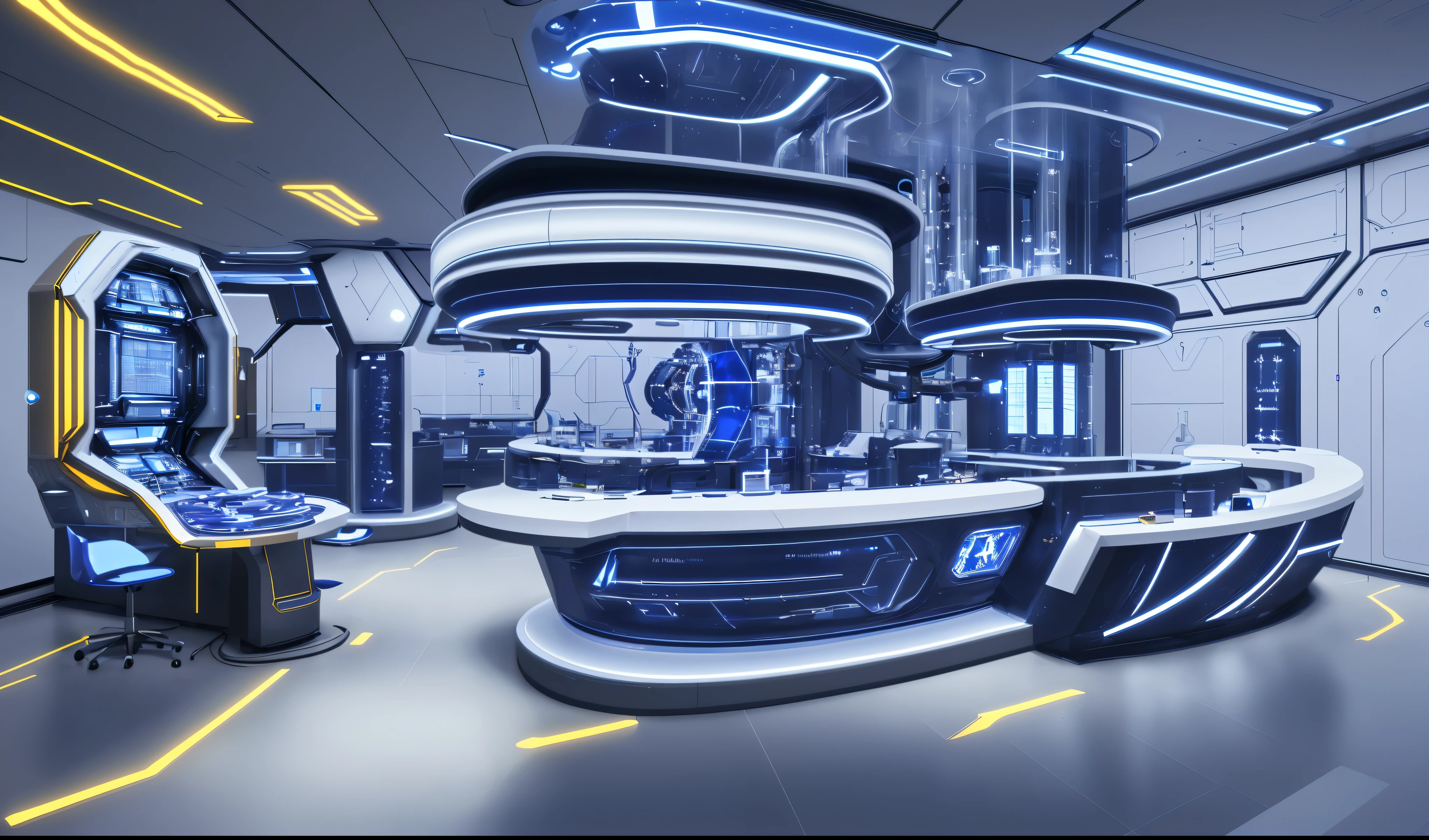 A super futuristic high-tech sapphire scientific laboratory with gold details