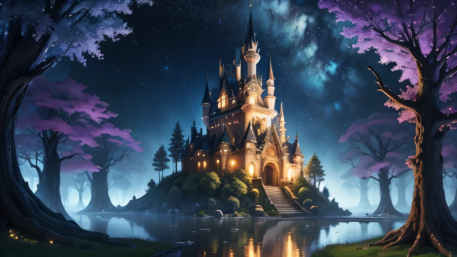 masterpiece, 8k, starry sky, many stars, night view, european castle, picture of a tree with a bridge, magic tree, magic highly detailed fantasy, Made of trees and a fantastic valley, highly detailed fantasy, fantasy tree, magical world. colorful, detailed dreamscape, cosmic tree of life, fantasy magic plants, magical landscape, magical fantasy forest, Beautifully detailed fantasy, enchanted magical fantasy forest