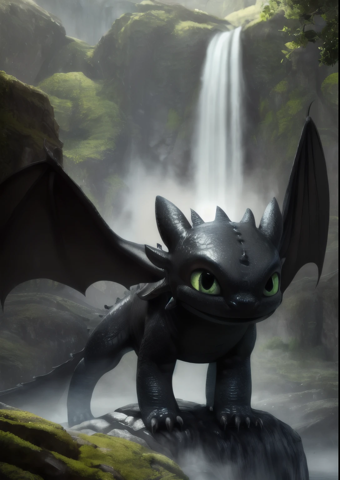 uploaded on e621, ((by Nicola Samori, by Zack Snyder, by Scavy)),
solo (quadruped feral:1.35) ((chibi toothless)) with ((black body)) and (black claws) and ((membranous wings)) and (clear yellow green eyes),
((detailed glistening scales)), (looking at viewer, three-quarter portrait:1.2),
BREAK
((mist mountain with plant and waterfall)), (fog, mist),
(detailed background, depth of field, half body shadow, sunlight, ambient light on the body),
(masterpiece, best quality, ultra realistic, 4k, 2k, (intricate:0.9), (high detail:1.3),
(3d \(artwork\):1.15), blender \(software\), soft focus, ray tracing, (unreal engine:1.3), absurd res)