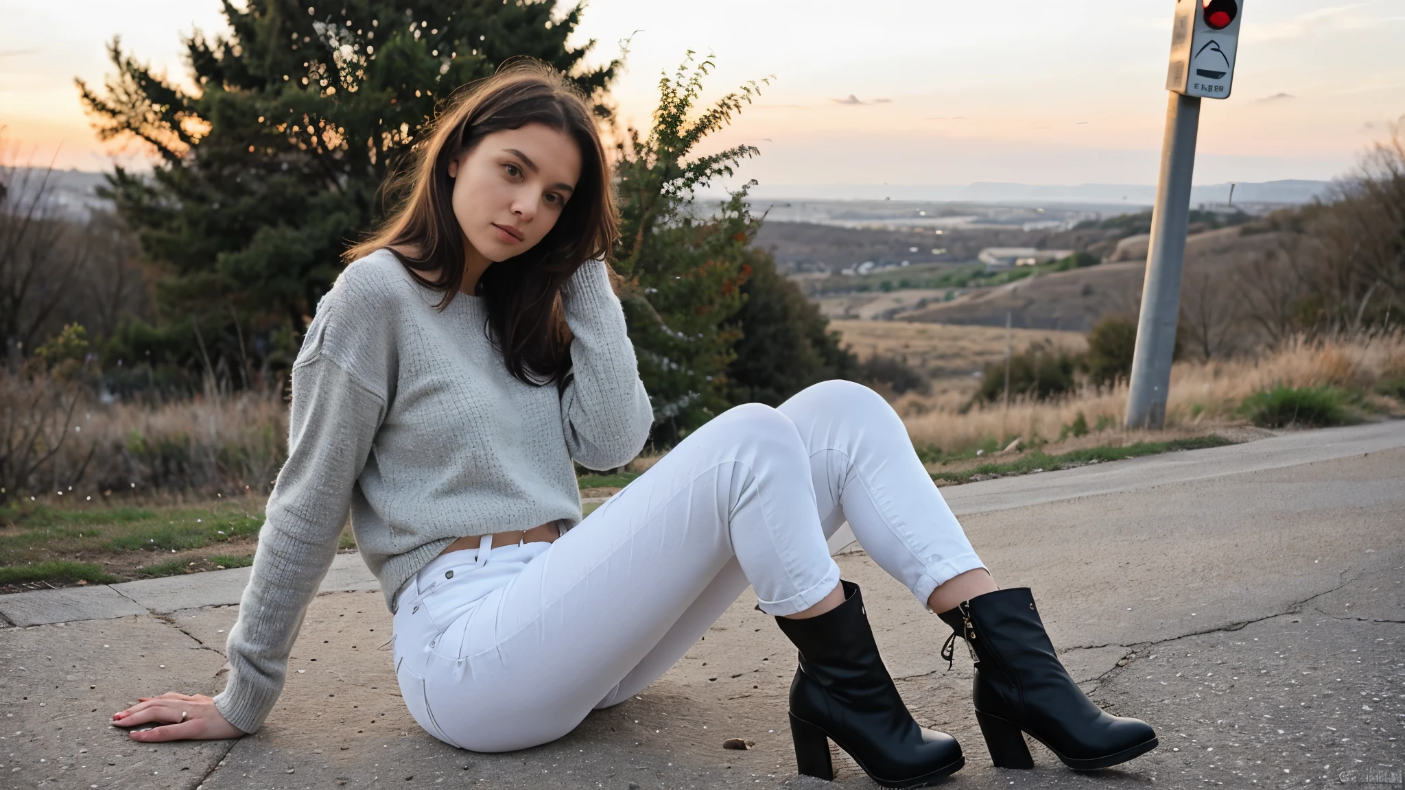 Jolie jeune femme avec des cheveux chatains, 24 ans, ultra-realistic photo of her in full body from head to toe. Elle porte un pull blanc, blue jeans and black heeled boots. Elle a des gants en satins noirs. Elle regarde au loin, she is dazzled by the sunset. Derriere elle des arbes et de la prairie