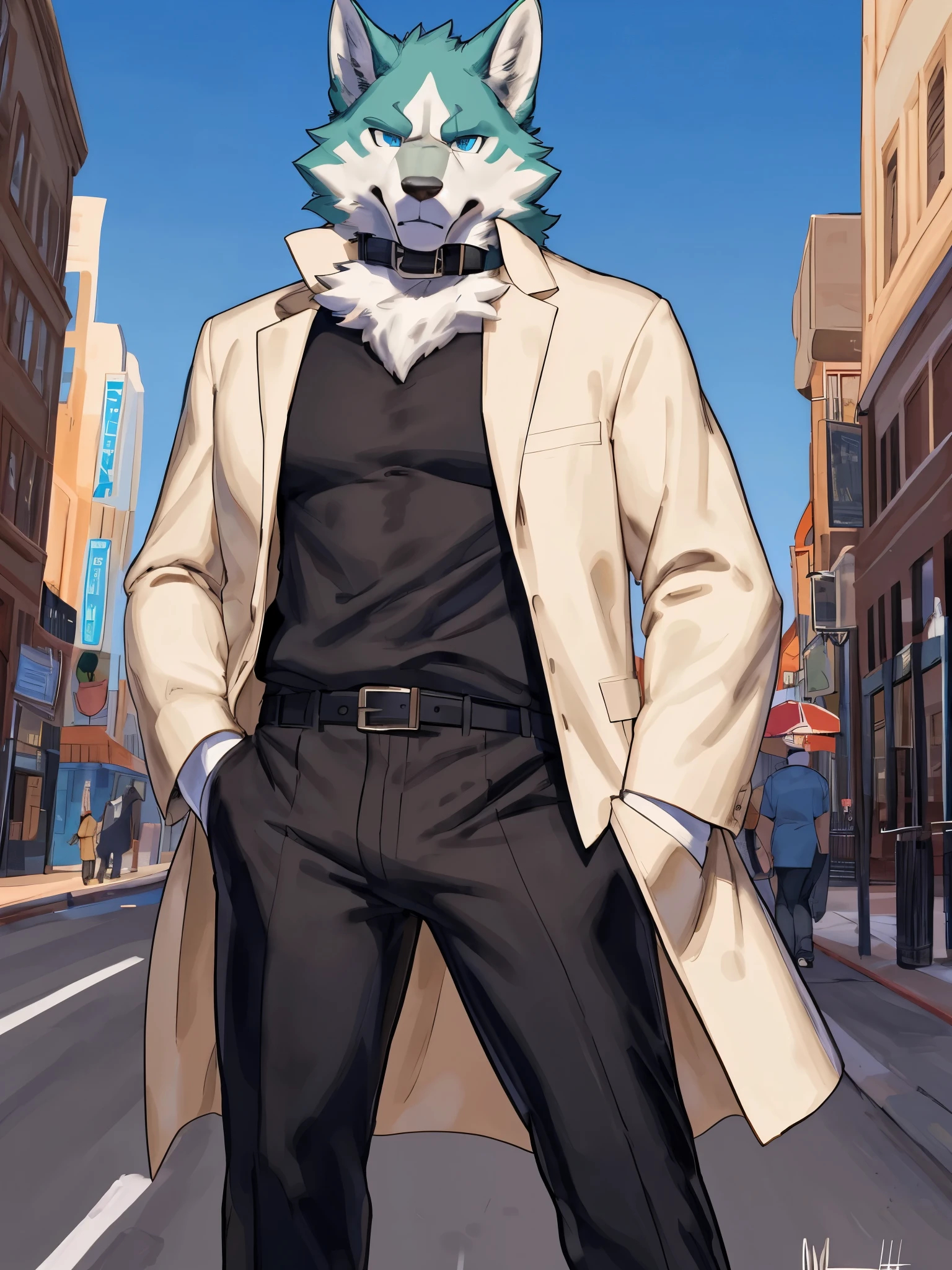 (((Detailed anatomy, detailed eyes, detailed body detailed face, best quality, high resolution))), solo, 1male, Shirou Ogami, wolf, adult body, white furs, skinny muscle, greyish blue eyes, grey collar, beige trenchcoat, black long sleeve t-shirt, black pant, grey shoes, in the street, by Buta99, by Meesh, by Buta99