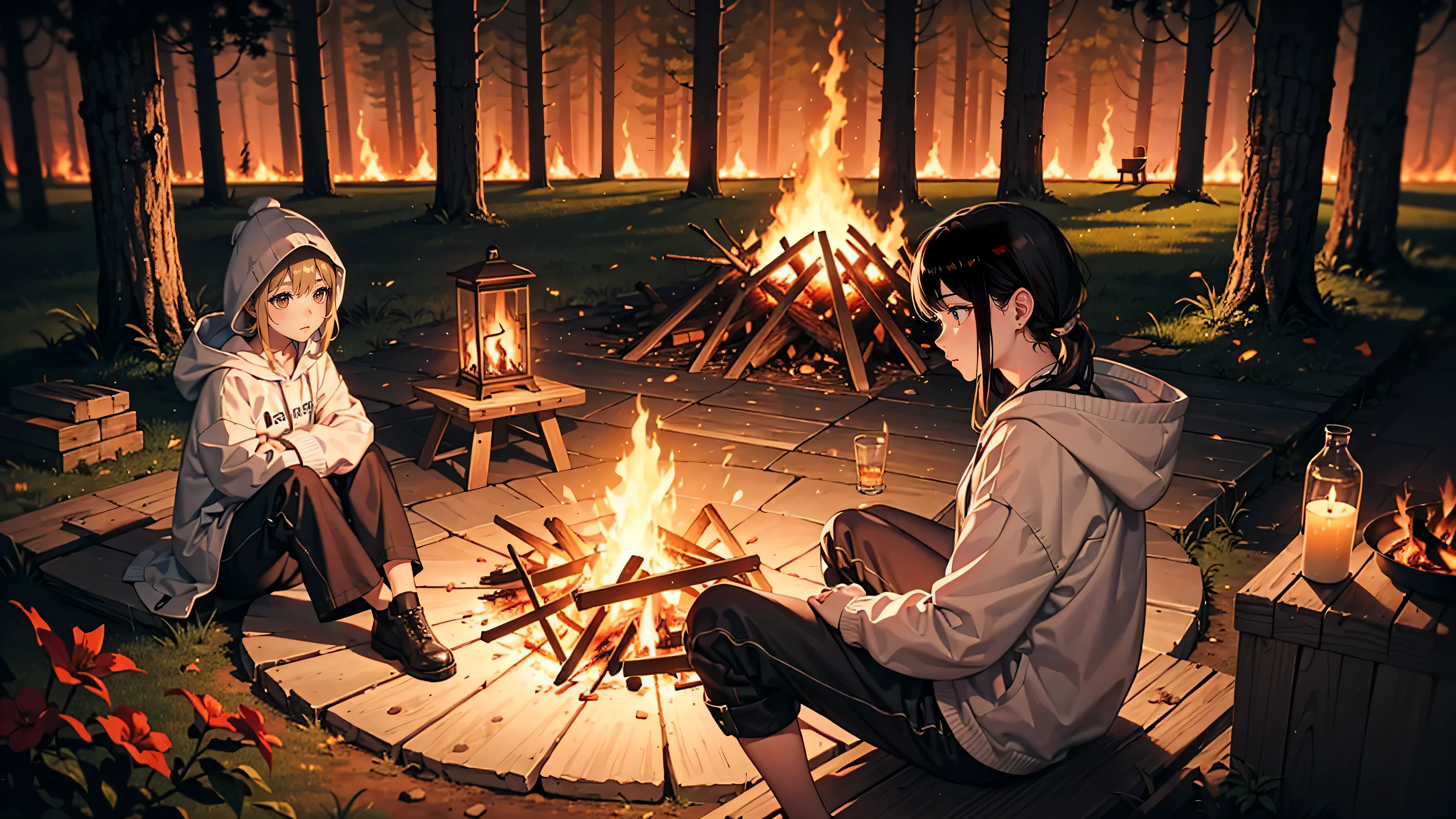 (1 milf)、((alone))、sleepy look、 Overall image, ( fire sitting nearby, wearing a white hoodie, outdoors fashion), (barbecue:1.2, campfire), , wood cottage 燃焼 behind them, urgent, , (ultra high resolution, 8K RAW写真, realistic, Thin contours), in the forest, outdoors, interesting, (fire focus), (one bonfire)