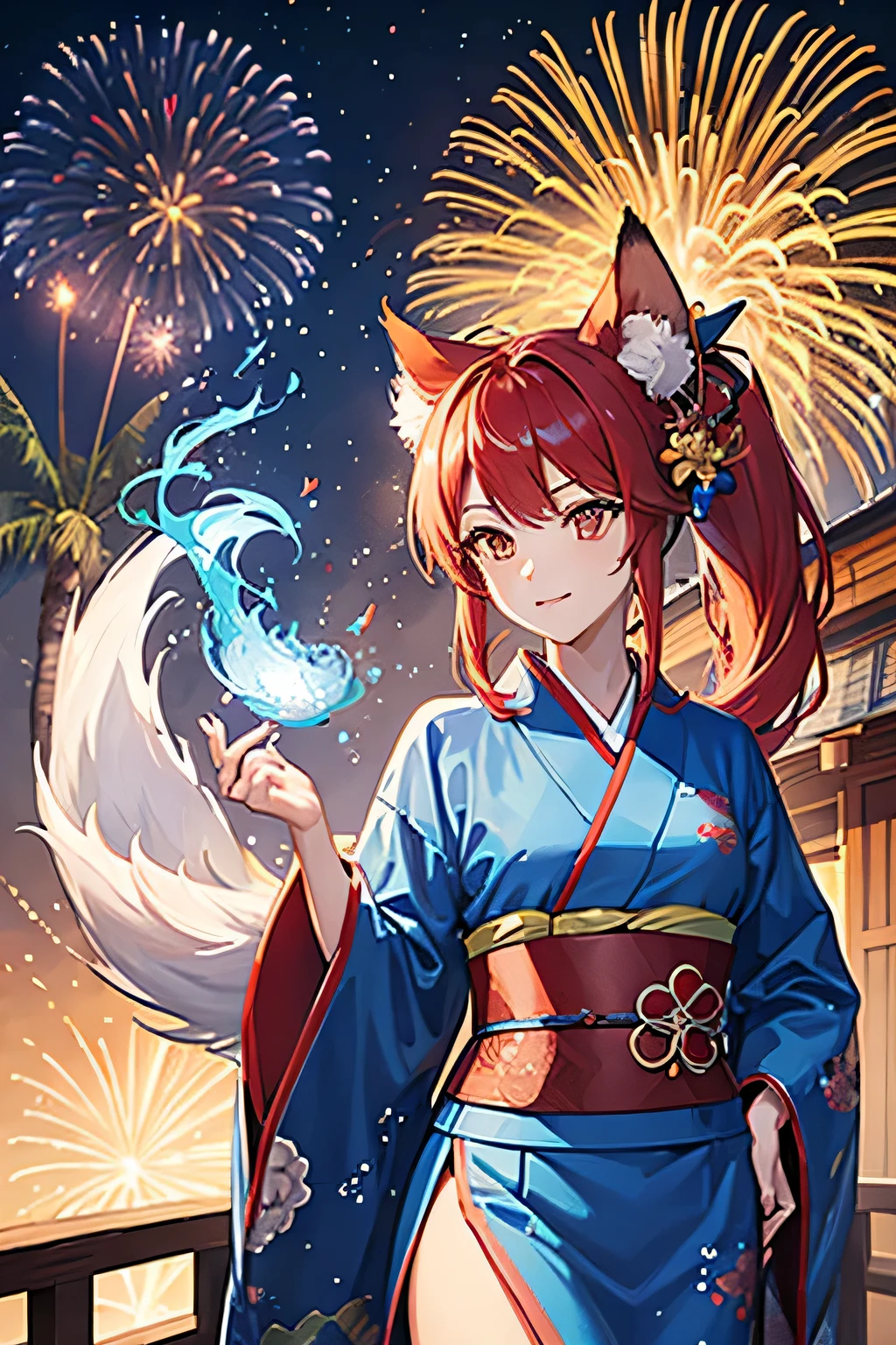 Hallucination, daydream , fantastic , Fear , bokeh , hairy fur , yukata , fox girl , hair tie , Medium hair , up hair , natsu matsuri , Japanese festival , Sensual nape , Fireworks display , look away , focus nape , Dating simulation games , 16bit game , front view , (closeup nose:1.3) , Poke out lips , glossy lips