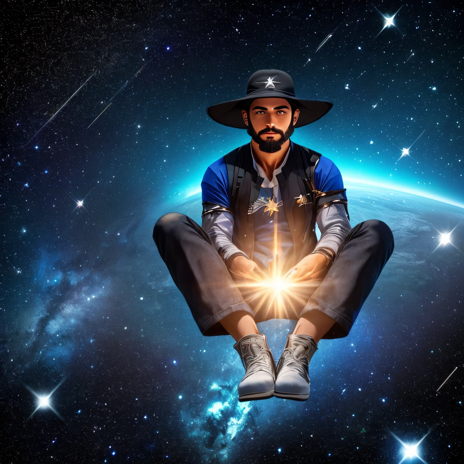 Draw a young man wearing a black bucket hat, with a Brazil shirt underneath a black open kimono with a water design. He is wearing blue denim shorts with green shoes. Ele tem cabelo negros e iris vermelhas. He is sitting on a research platform floating in the middle of an asteroid belt.. He is studying with a notebook, surrounded by several asteroids glowing with fiery auras. Dramatic lighting from distant stars and planets illuminates the scene, casting deep shadows on the costume. O jovem parece confiante e determinado, looking at the vast and mysterious universe with awe and respect,facial hair, tiro de vaqueiro.