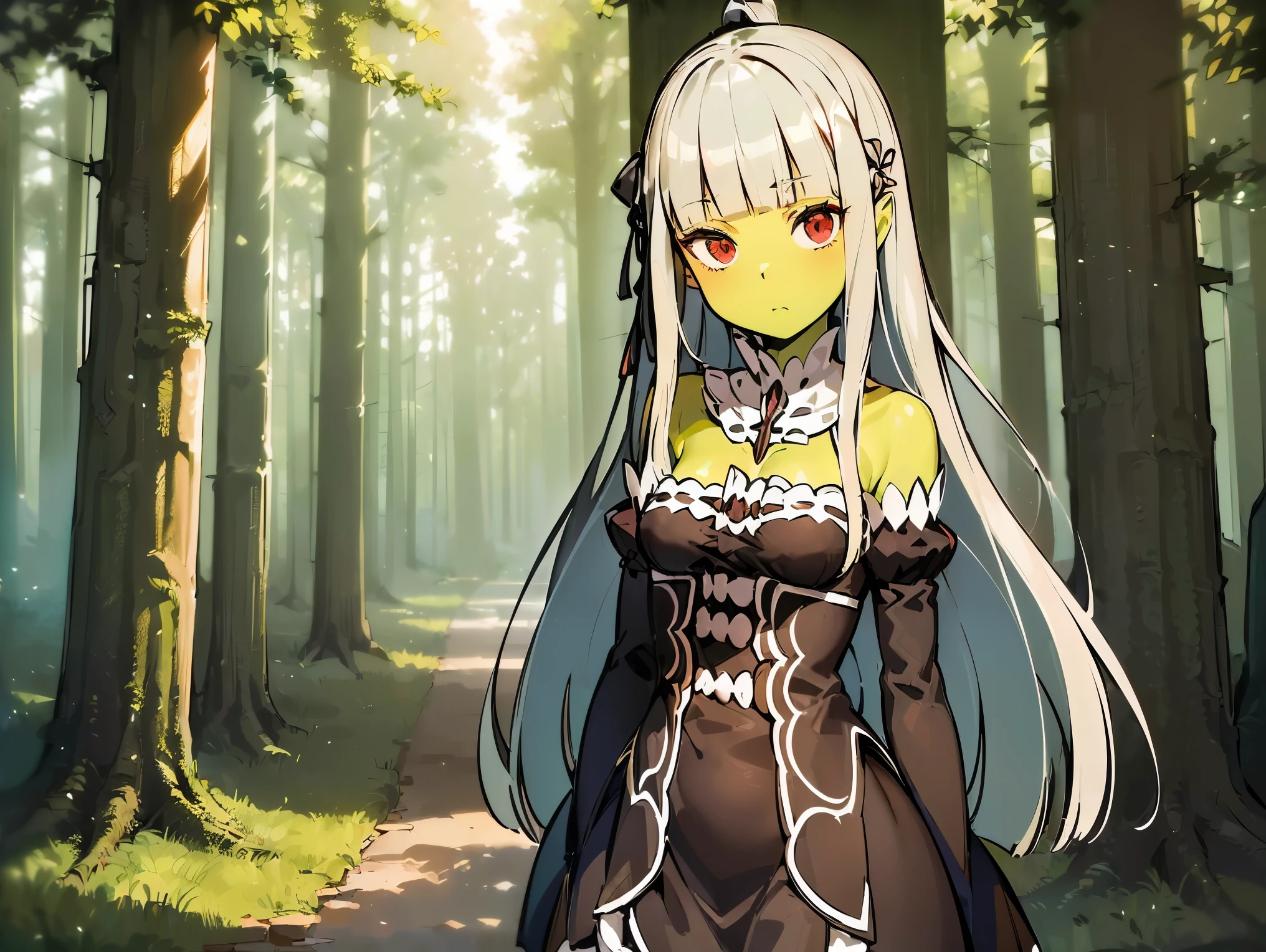 Concept art, ((CG)), ((1girl)), Lolita, (Orc), ((((Green skin)))), ((((long silver hair)))), (((blunt bangs))), red eyes, ((cabelo emaranhado)), ((((sonolenta)))), desleixada, ((melhor qualidade)), ((no expression)), ((obra de arte)), ((black dress)), (detalhado), rosto perfeito, ((style novel)), cores beautiful, ((((style de arte Rezero)))), (((in ancient city built in the forest)))