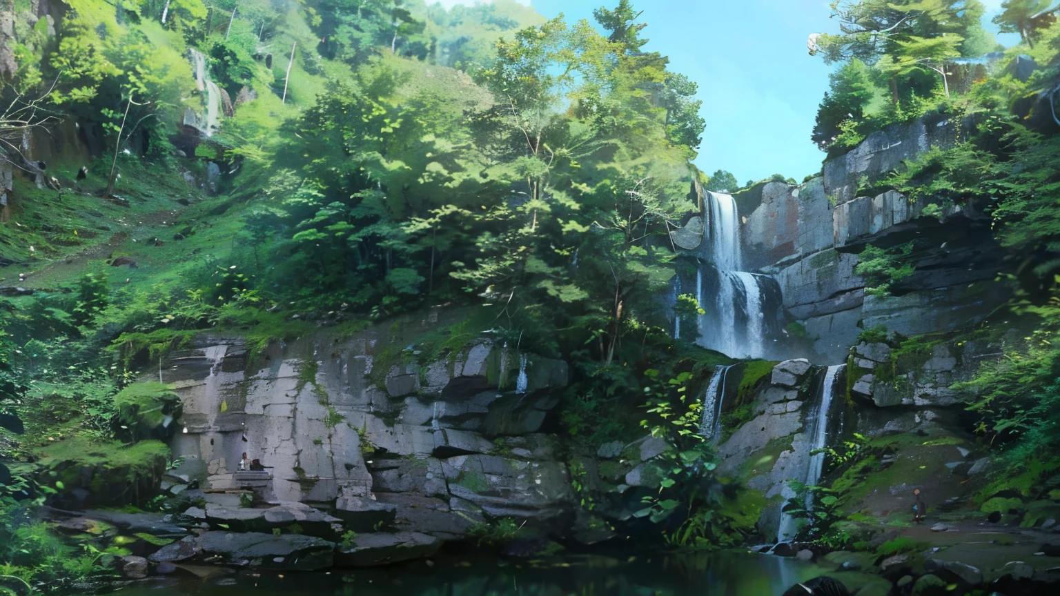 there is a waterfall that is surrounded by trees and rocks, waterfall backdrop, waterfall in background, waterfall in the background, waterfalls in the background, with trees and waterfalls, waterfall in distance, forest and waterfall, waterfall below, ancient monument waterfall, (waterfall), immense waterfall, waterfall background, waterfall, with waterfalls, waterfall cave, cave with waterfall, waterfall walls, coban